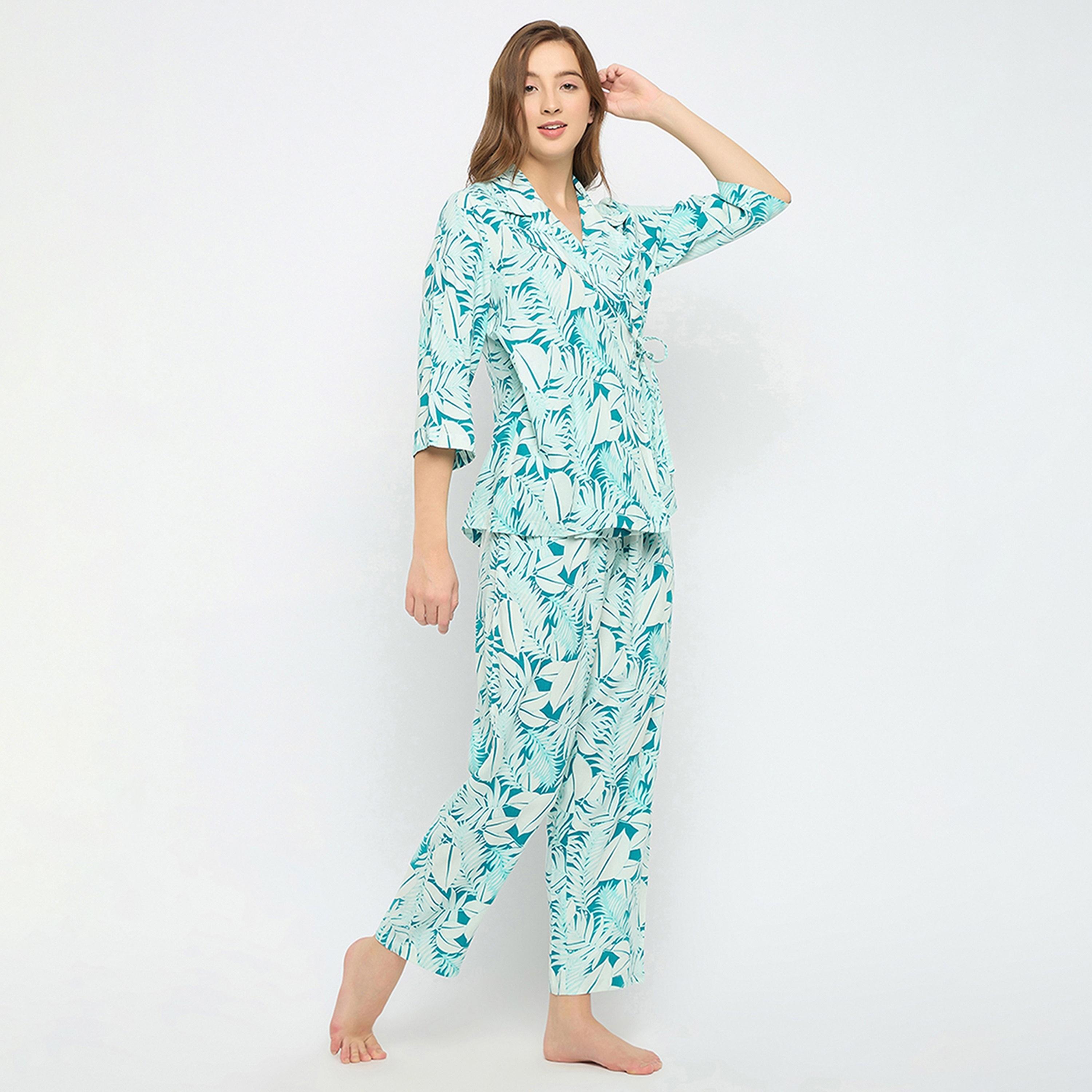 Clovia Leaf Print Women's Top & Pyjama Set in Light Blue - Rayon-women-clothing-nightwear-pyjamas-longsets-image-3