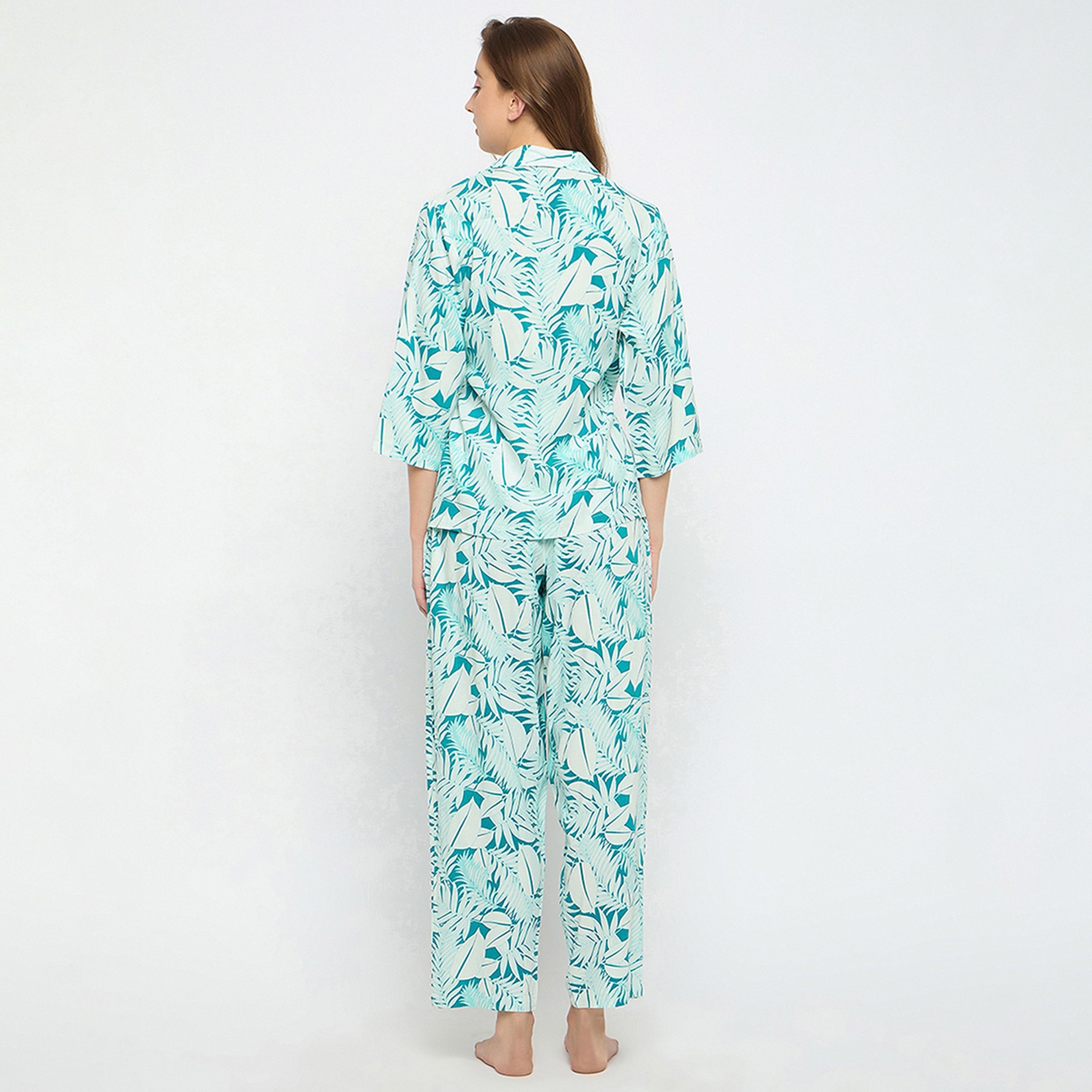 طقم بيجامة وقميص نسائي بطبعة أوراق الشجر باللون الأزرق الفاتح من كلوفيا - رايون-women-clothing-nightwear-pyjamas-longsets-image-4