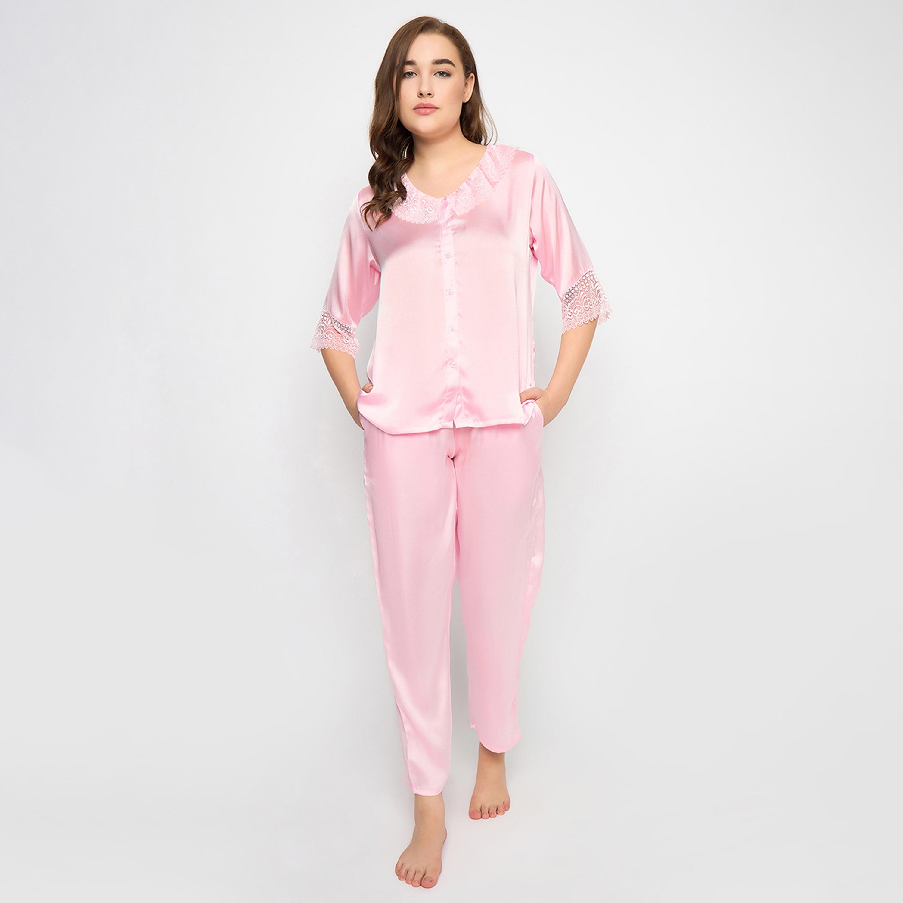 Clovia Chic Basic Women's Top & Pyjama Set in Light Pink - Satin-women-clothing-nightwear-pyjamas-longsets-image-1