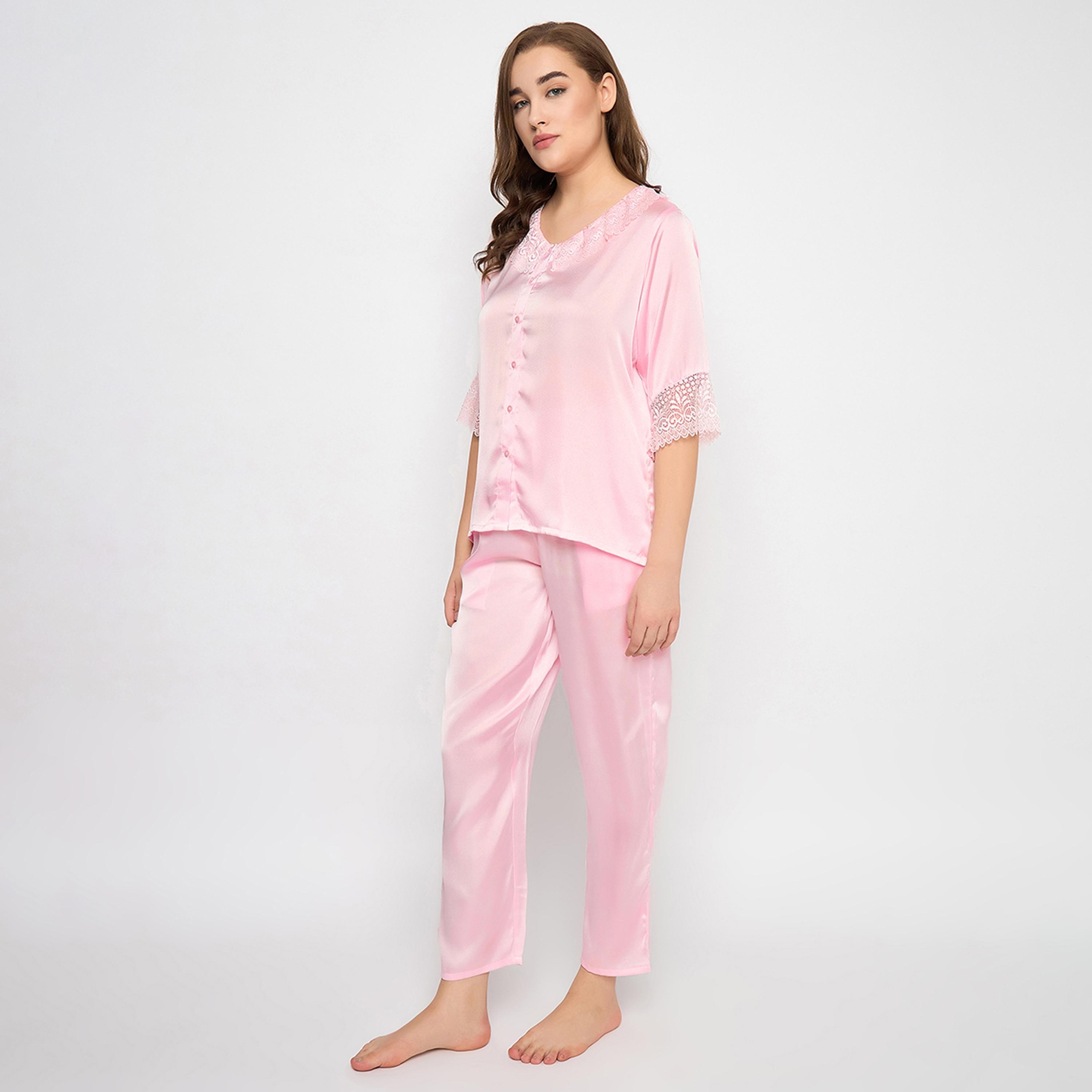 Clovia Chic Basic Women's Top & Pyjama Set in Light Pink - Satin-women-clothing-nightwear-pyjamas-longsets-image-2
