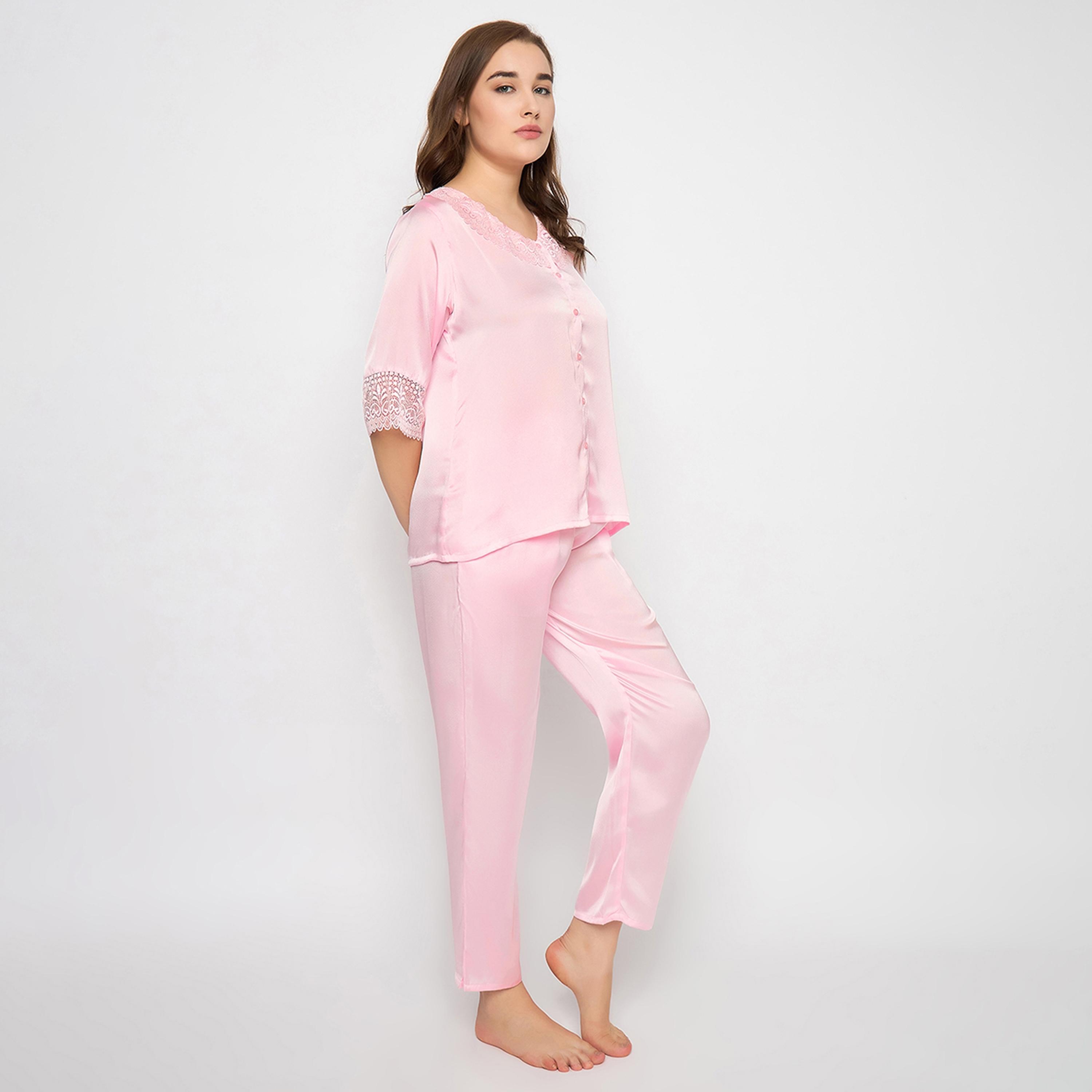 Clovia Chic Basic Women's Top & Pyjama Set in Light Pink - Satin-women-clothing-nightwear-pyjamas-longsets-image-3