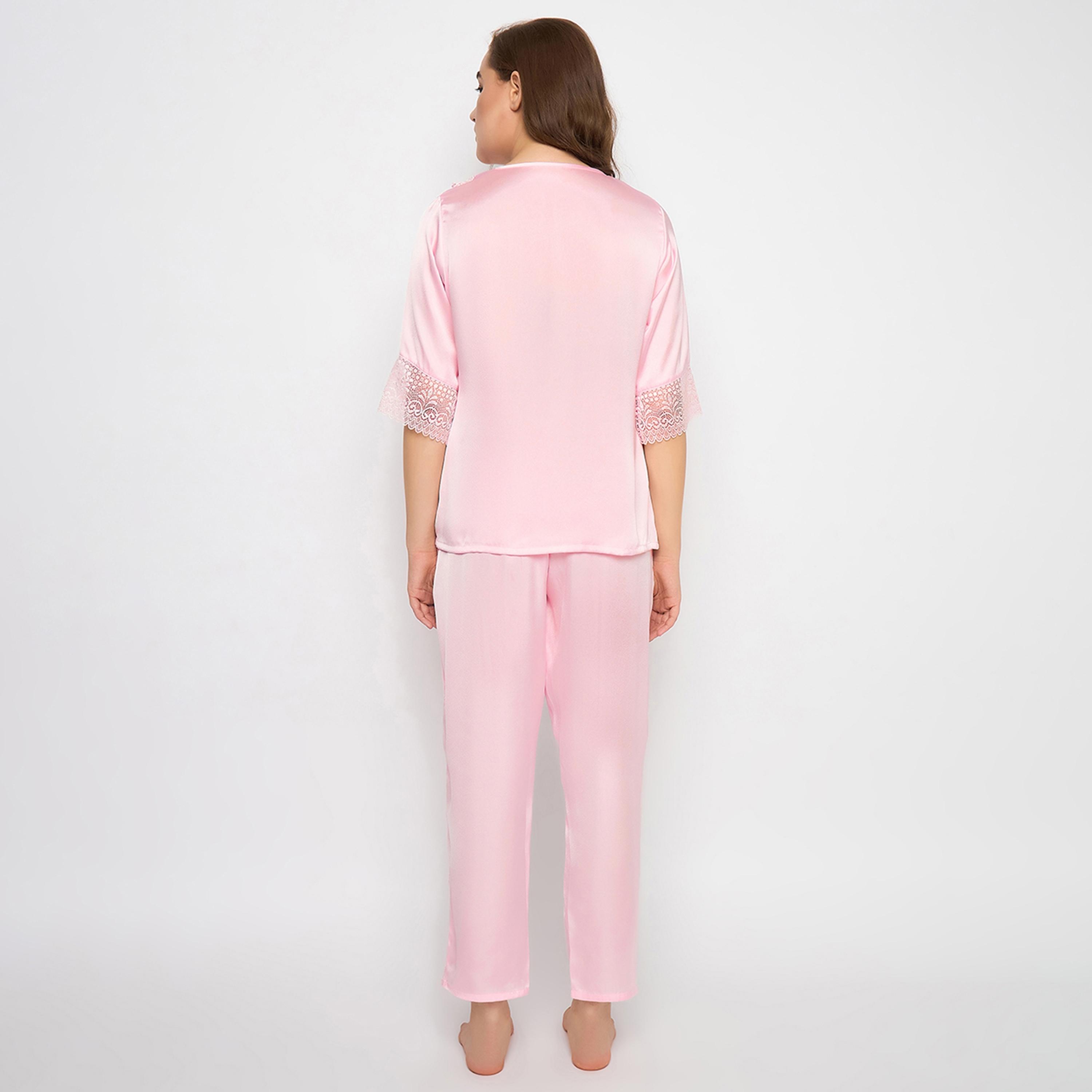 Clovia Chic Basic Women's Top & Pyjama Set in Light Pink - Satin-women-clothing-nightwear-pyjamas-longsets-image-4