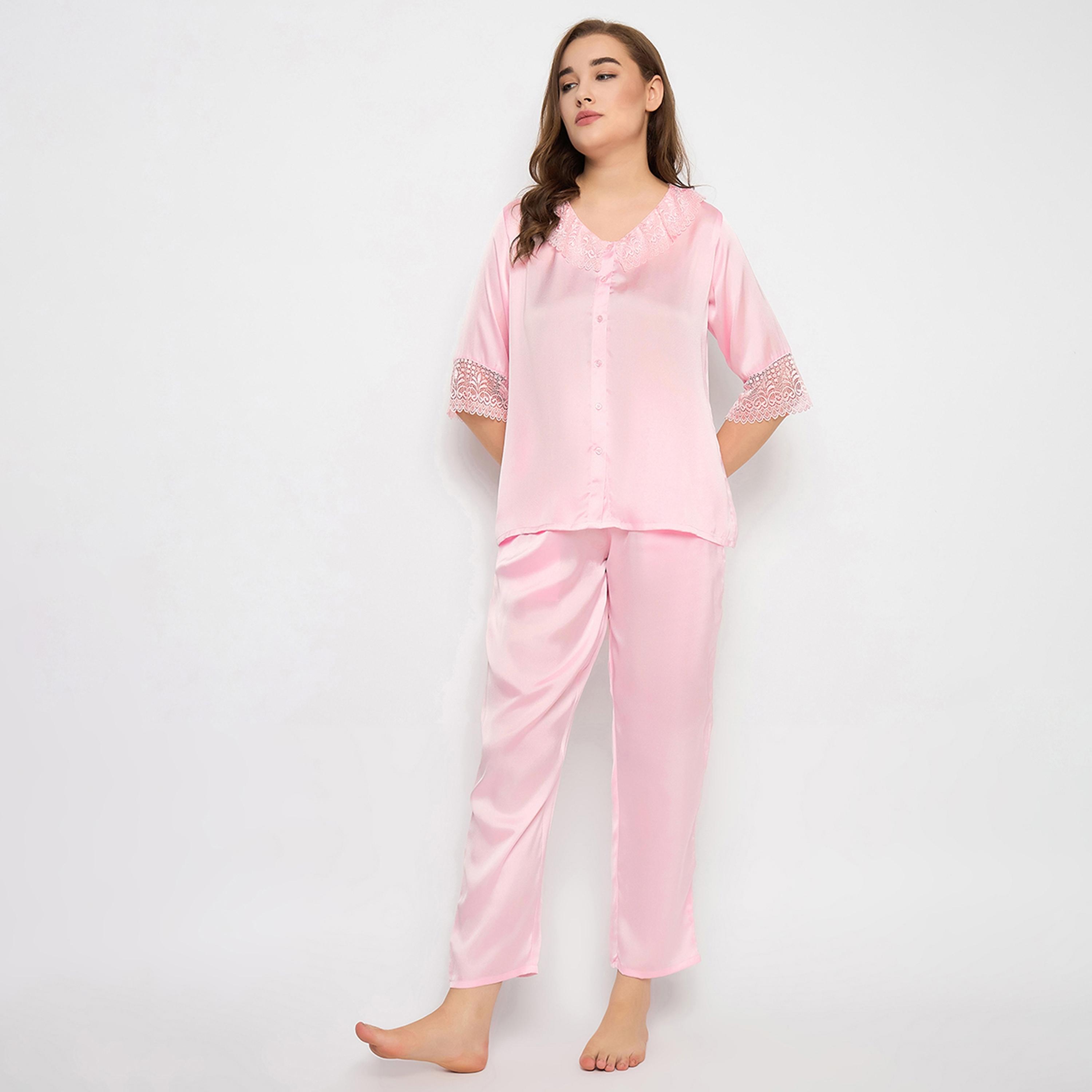 Clovia Chic Basic Women's Top & Pyjama Set in Light Pink - Satin-women-clothing-nightwear-pyjamas-longsets-image-8