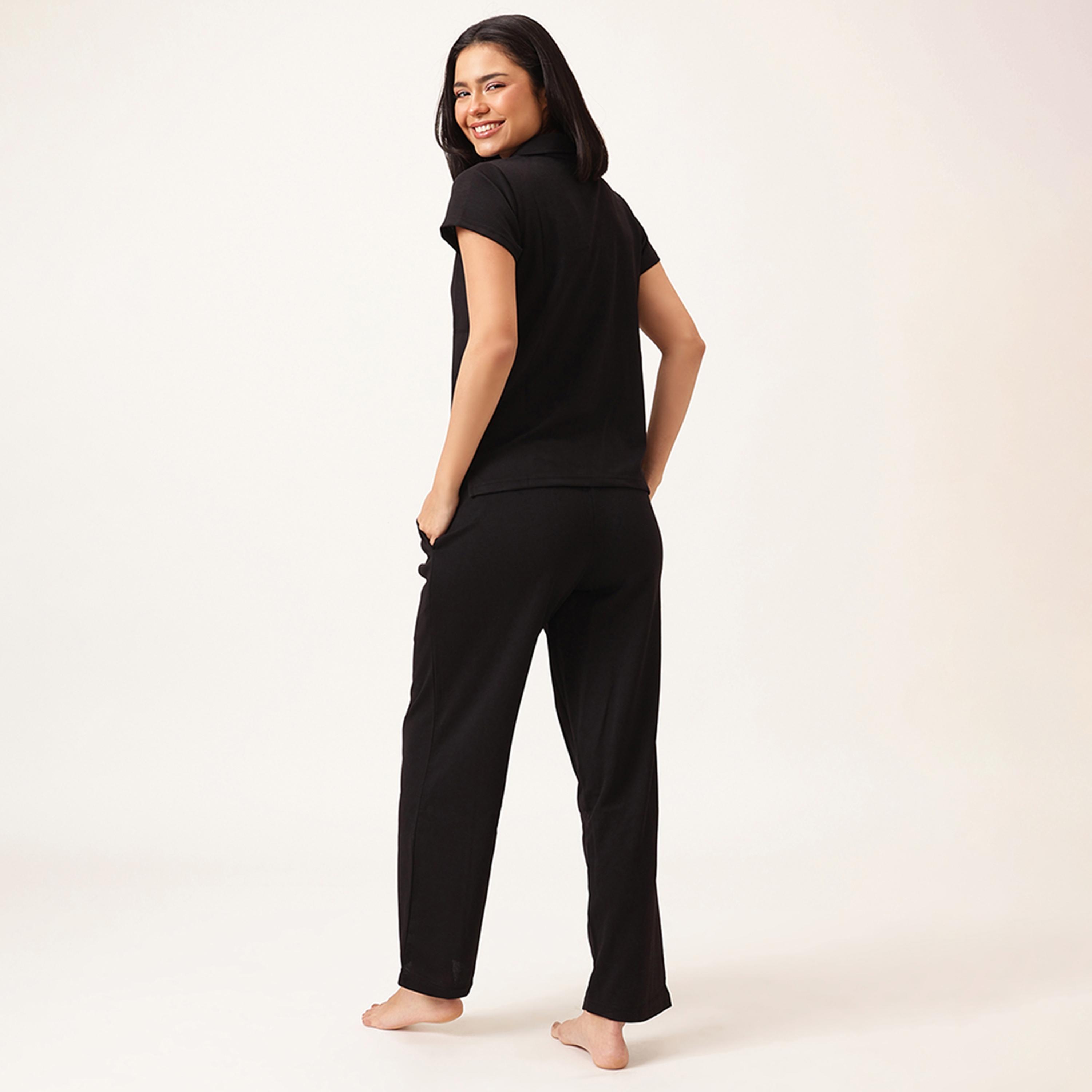 طقم تي شيرت وبيجامة "شيك بيسك" - وافل أسود من كلوفيا-women-clothing-nightwear-pyjamas-longsets-image-3