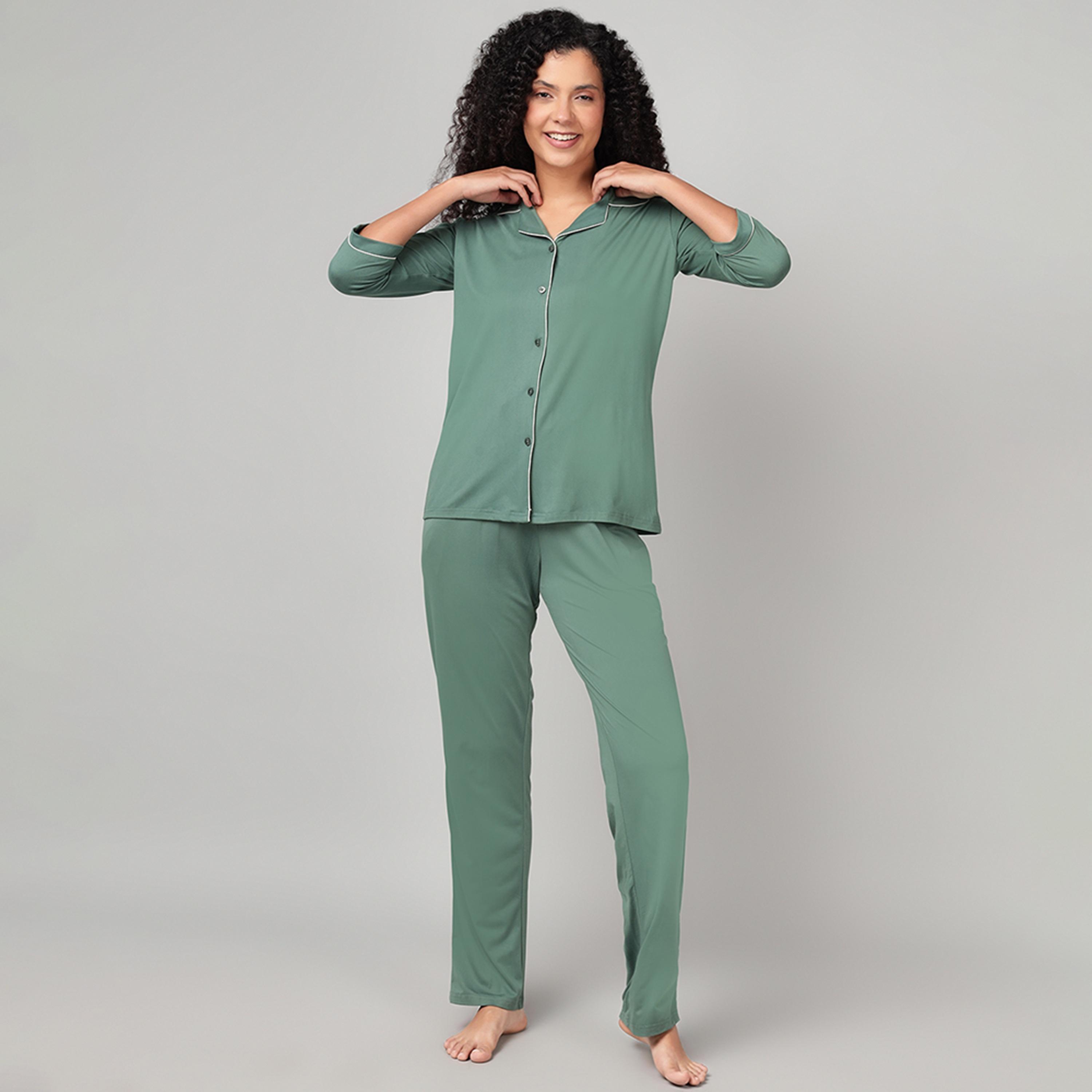 طقم قميص وبيجامة بأزرار - أخضر يشمي من كلوفيا-women-clothing-nightwear-pyjamas-longsets-image-1
