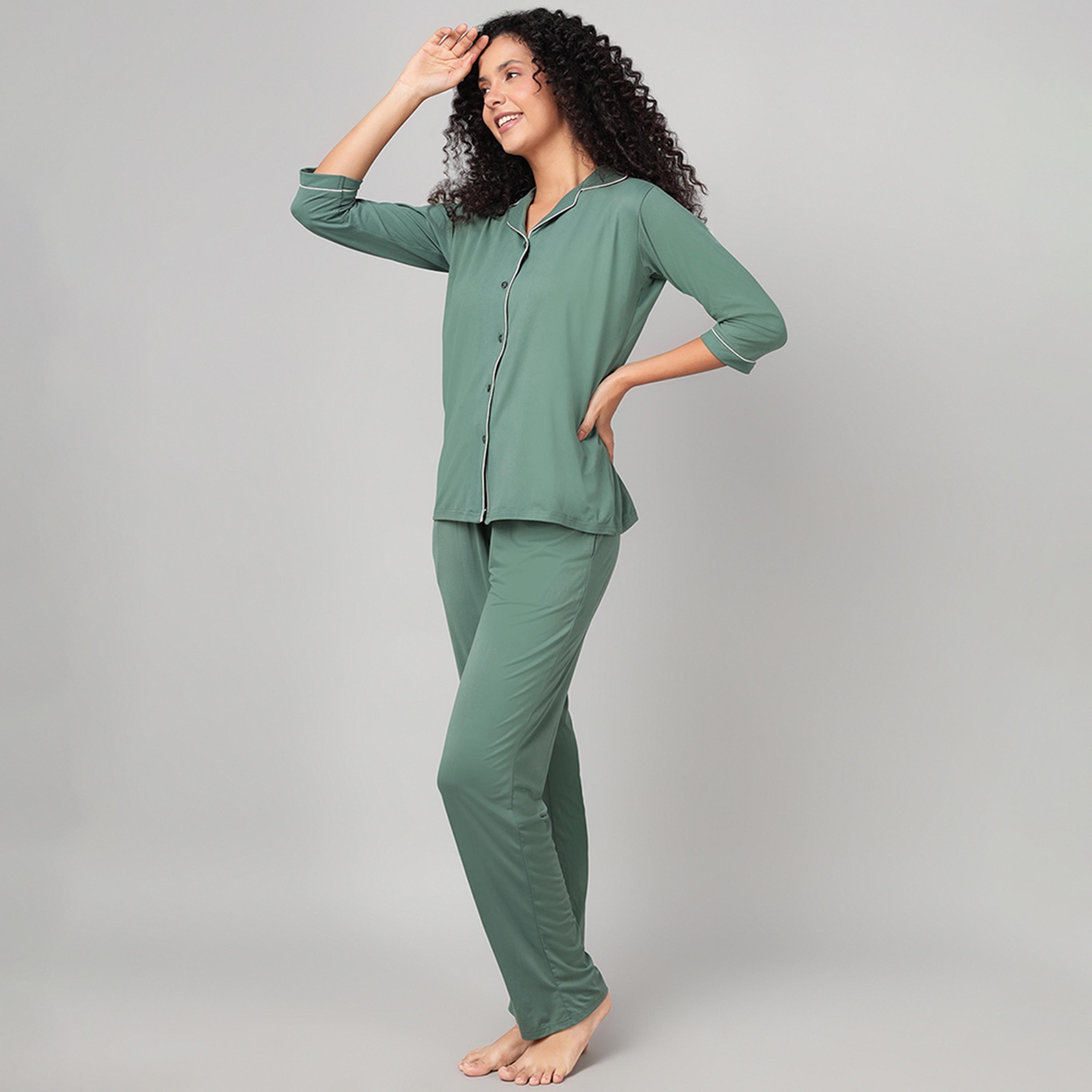 طقم قميص وبيجامة بأزرار - أخضر يشمي من كلوفيا-women-clothing-nightwear-pyjamas-longsets-image-2