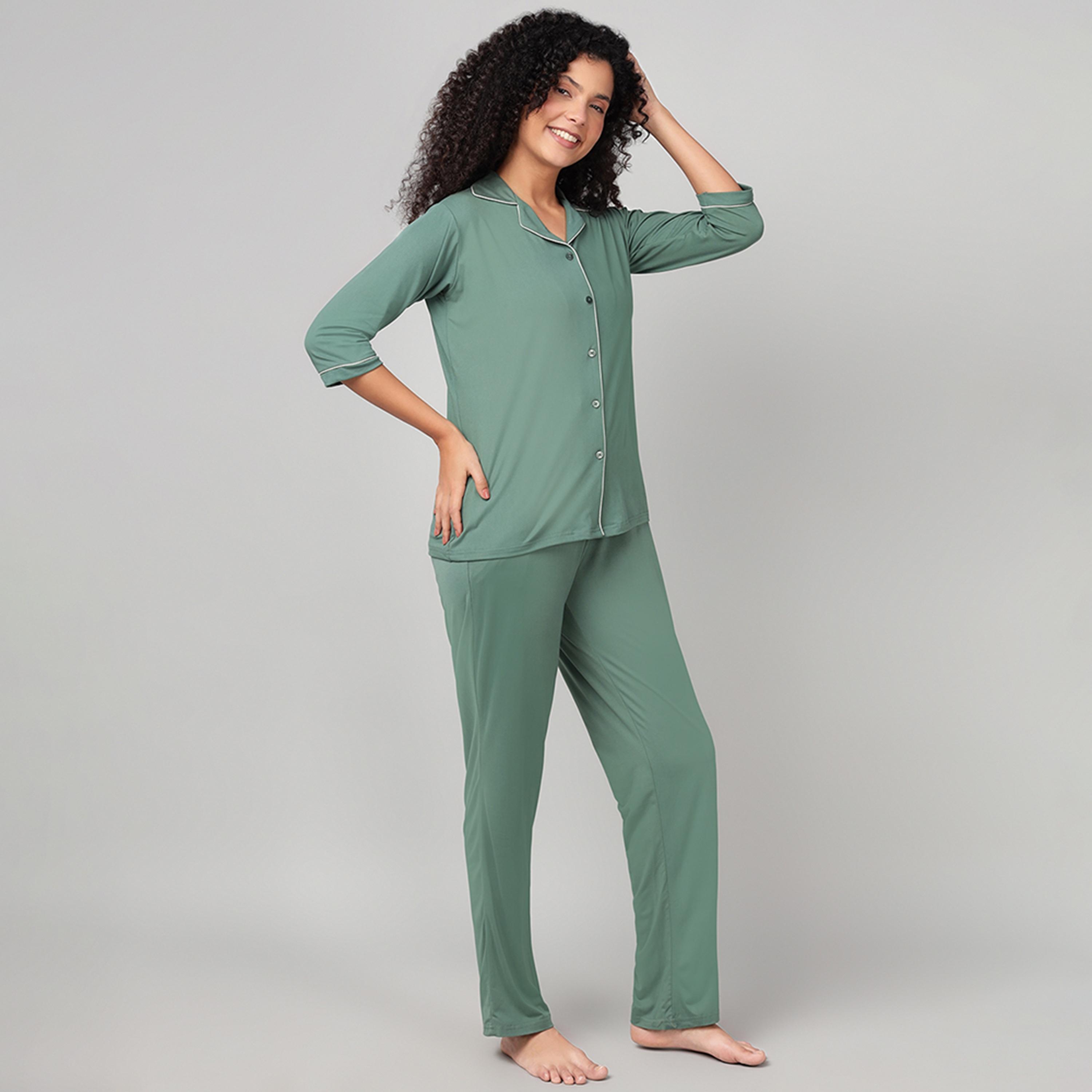طقم قميص وبيجامة بأزرار - أخضر يشمي من كلوفيا-women-clothing-nightwear-pyjamas-longsets-image-3