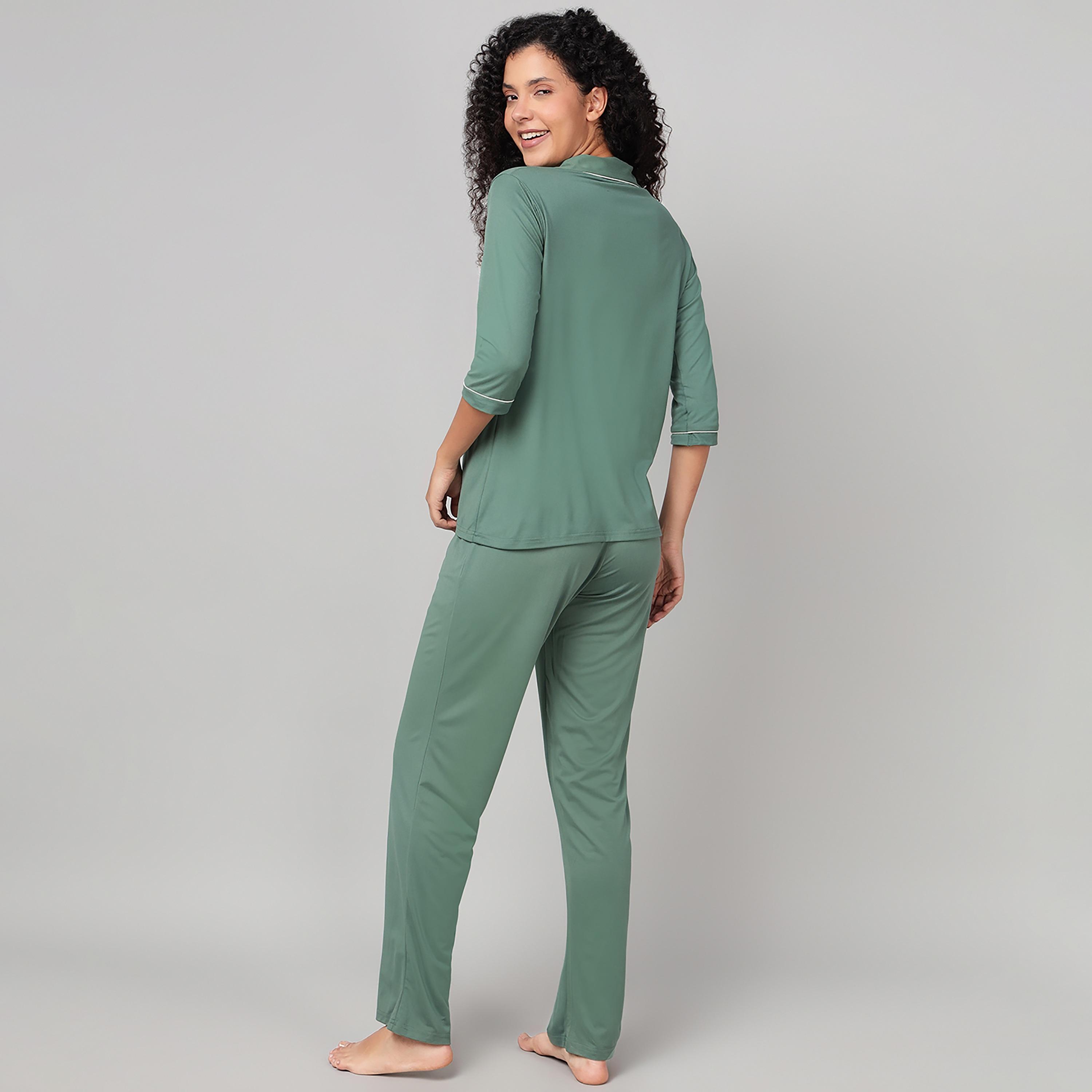Clovia Button Down Women's Shirt & Pyjama Set in Jade Green-women-clothing-nightwear-pyjamas-longsets-image-4