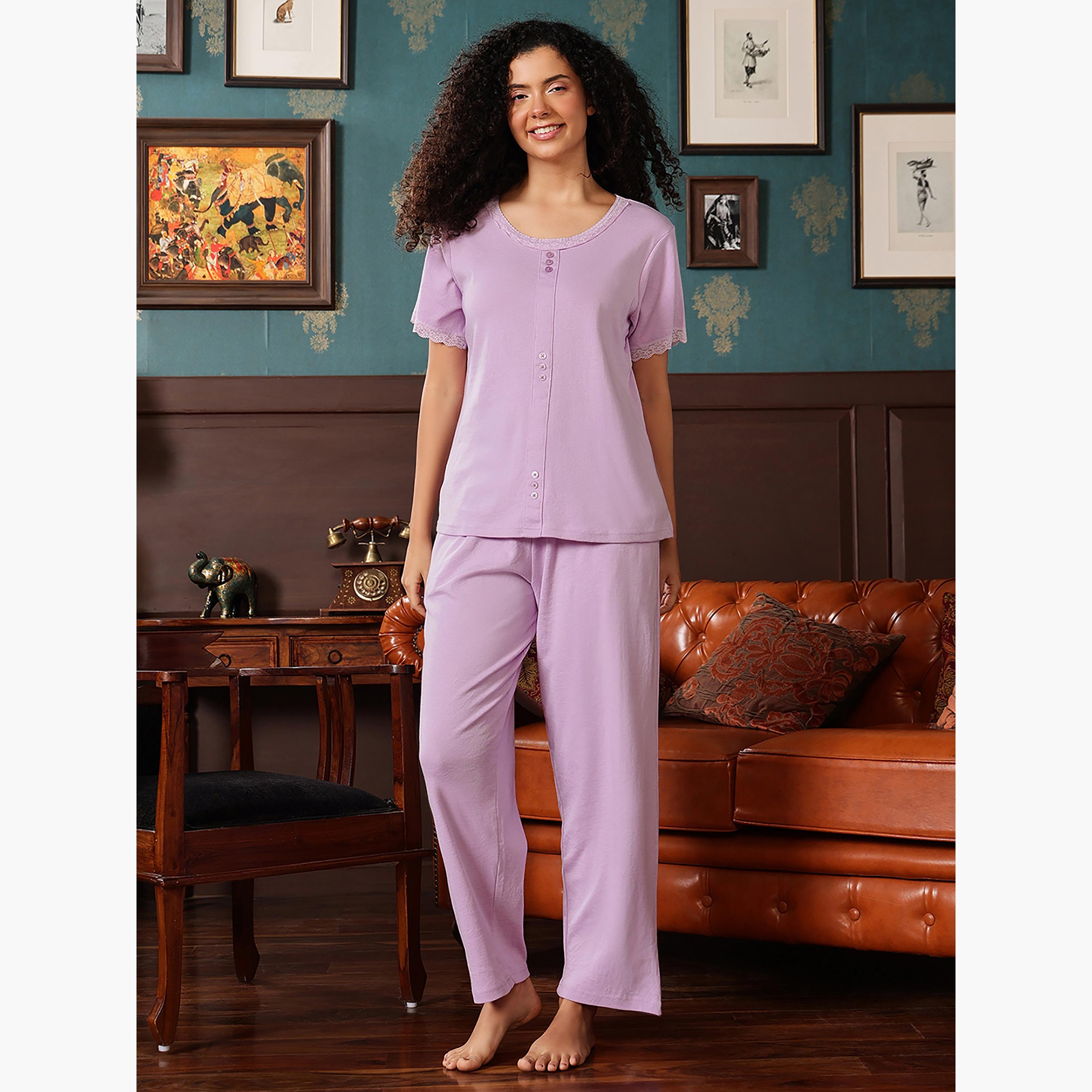 طقم توب وبيجامة - قطن ليلاك من كلوفيا-women-clothing-nightwear-pyjamas-longsets-image-1
