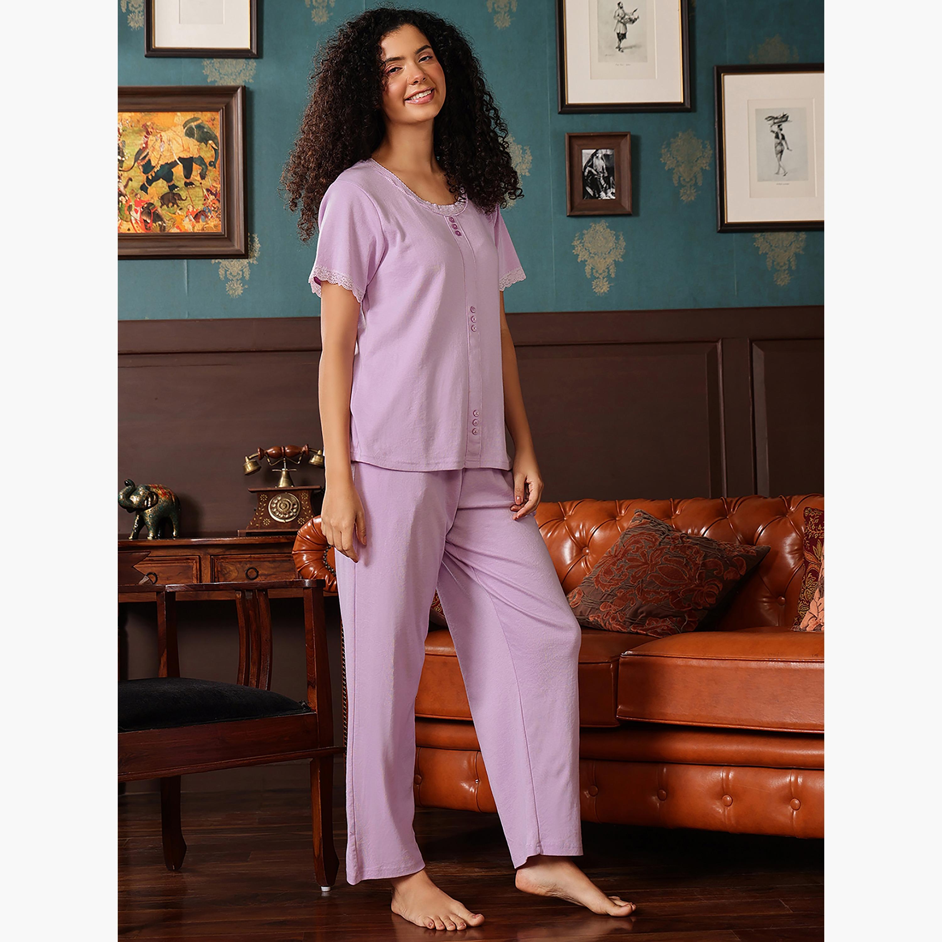 Clovia Women's Top & Pyjama Set in Lilac Colour - Cotton-women-clothing-nightwear-pyjamas-longsets-image-3