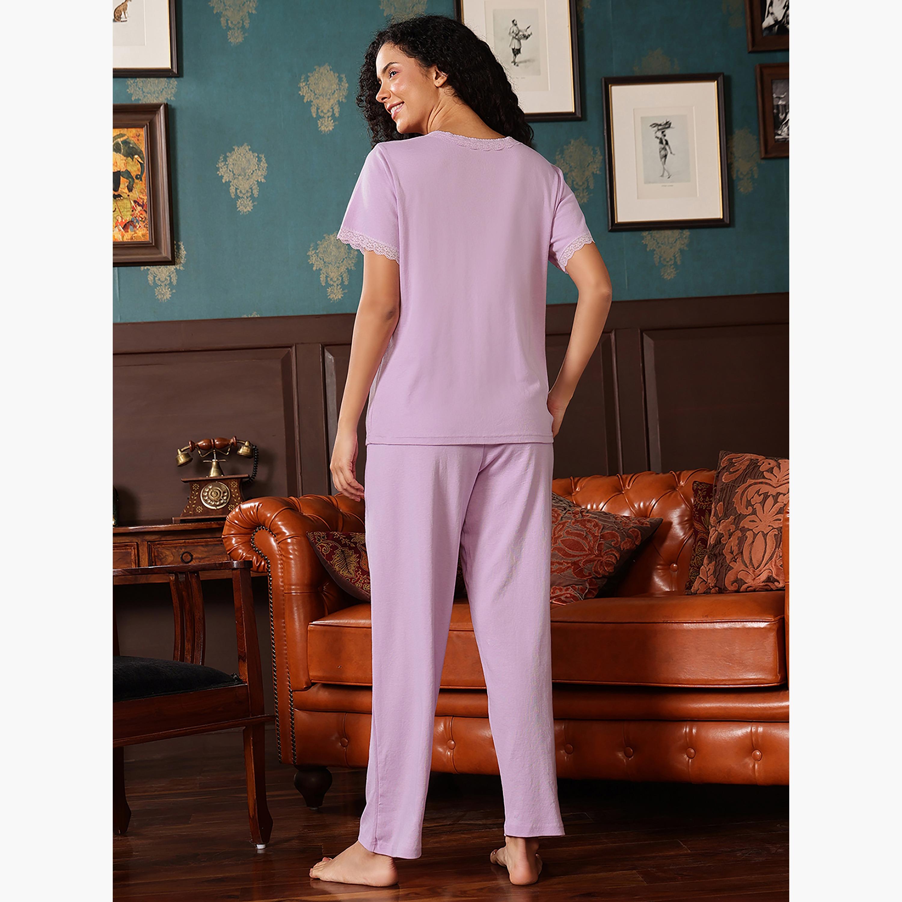 Clovia Women's Top & Pyjama Set in Lilac Colour - Cotton-women-clothing-nightwear-pyjamas-longsets-image-4