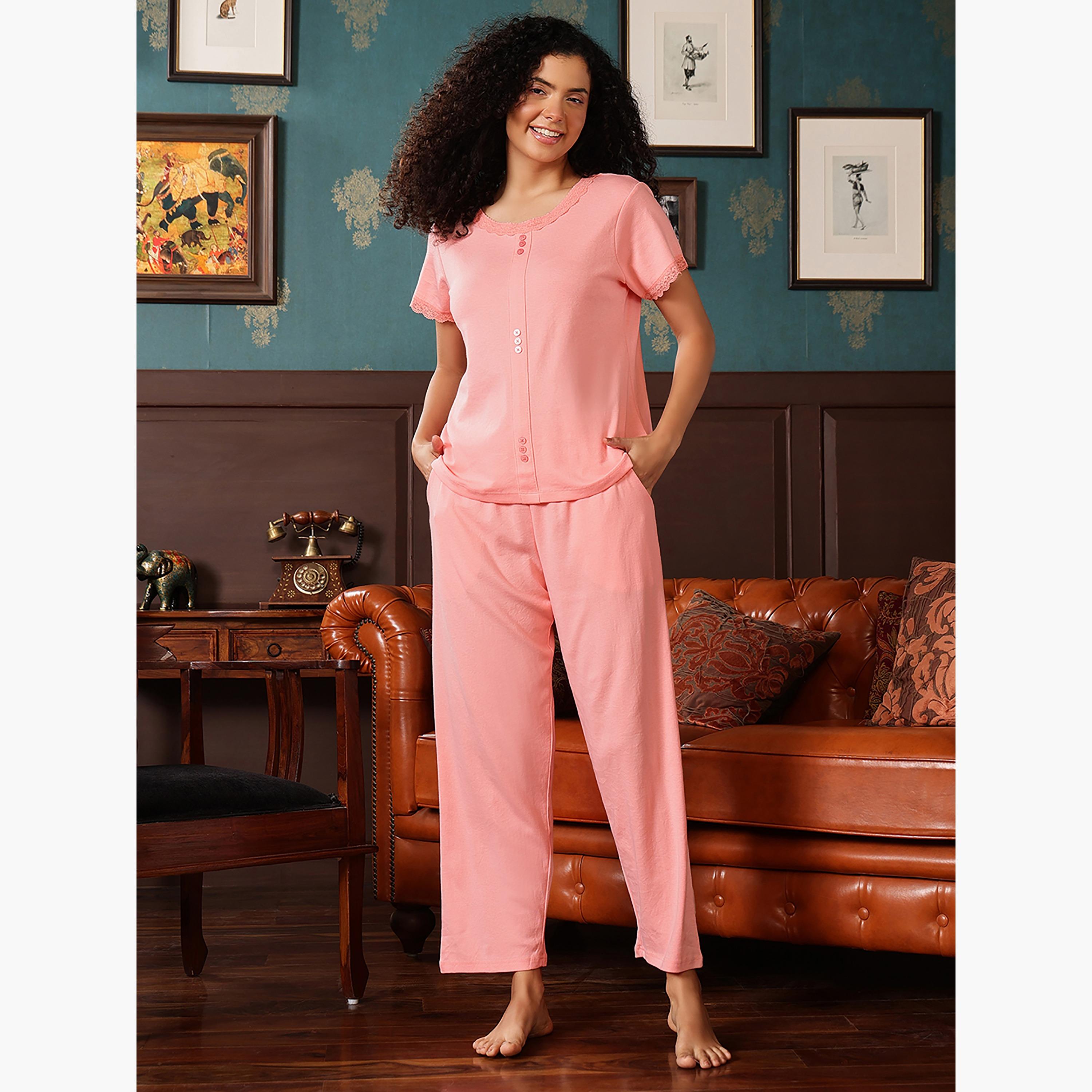 Clovia Women's Top & Pyjama Set in Peach Colour - Cotton-women-clothing-nightwear-pyjamas-longsets-image-1