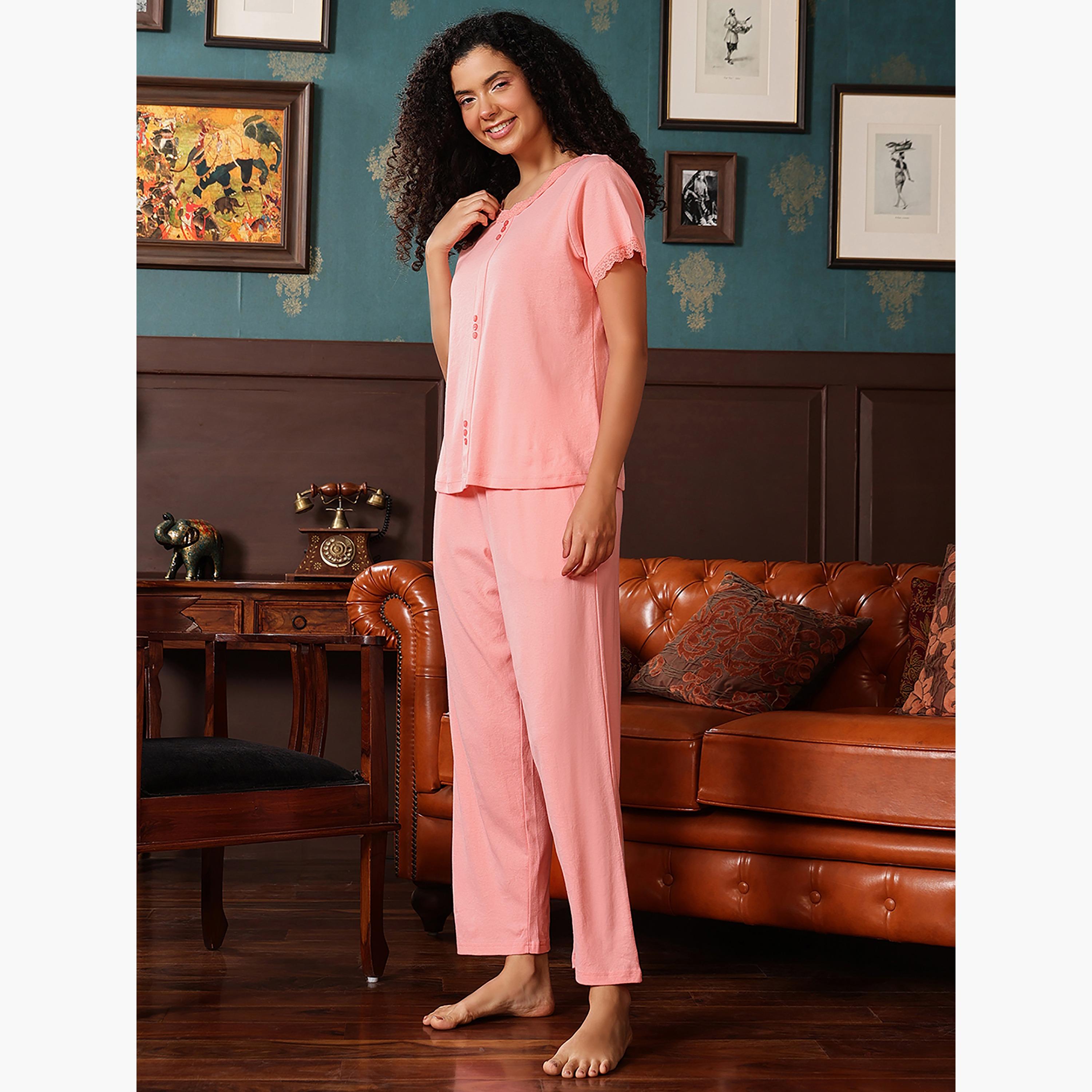 Clovia Women's Top & Pyjama Set in Peach Colour - Cotton-women-clothing-nightwear-pyjamas-longsets-image-2