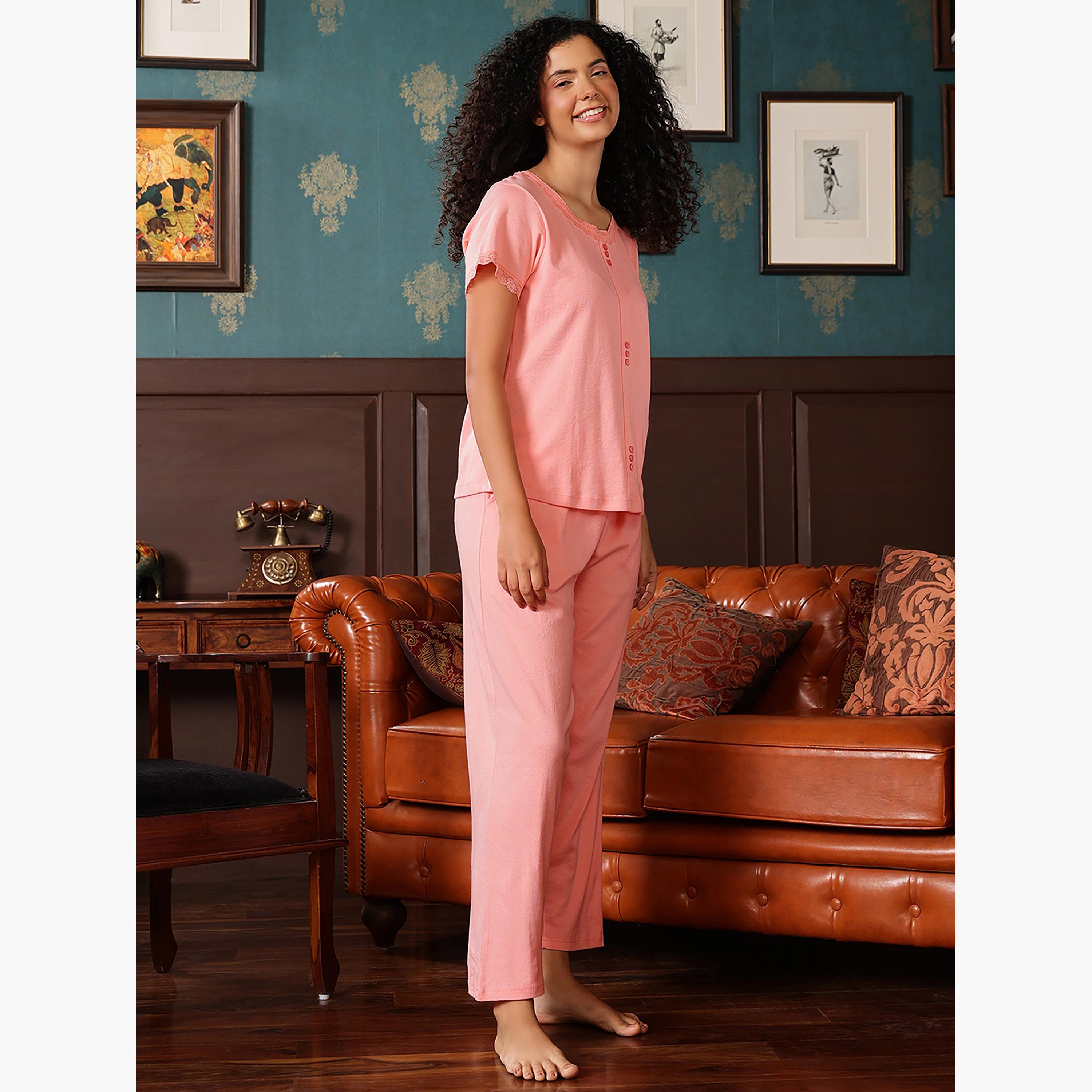 Clovia Women's Top & Pyjama Set in Peach Colour - Cotton-women-clothing-nightwear-pyjamas-longsets-image-3
