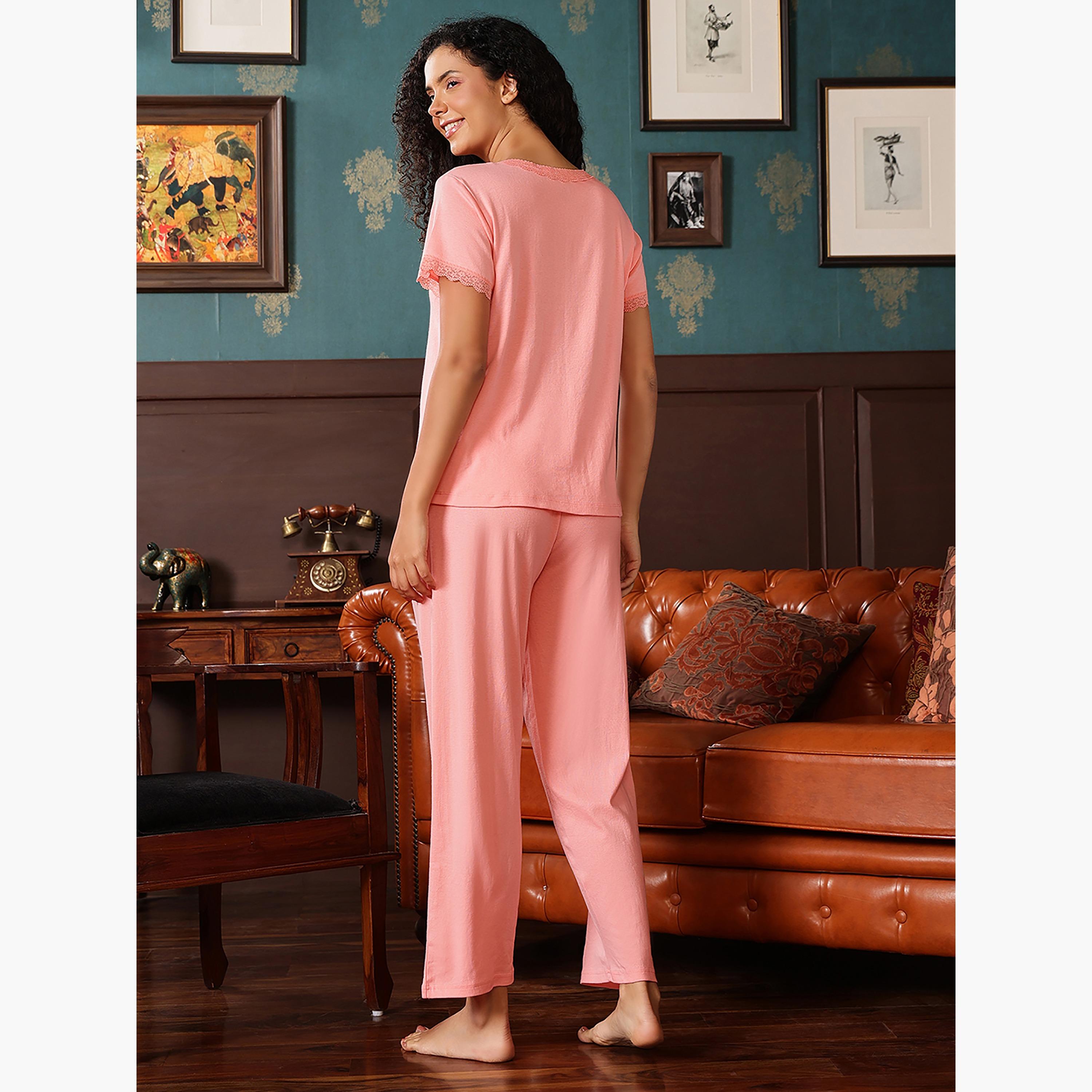 Clovia Women's Top & Pyjama Set in Peach Colour - Cotton-women-clothing-nightwear-pyjamas-longsets-image-4