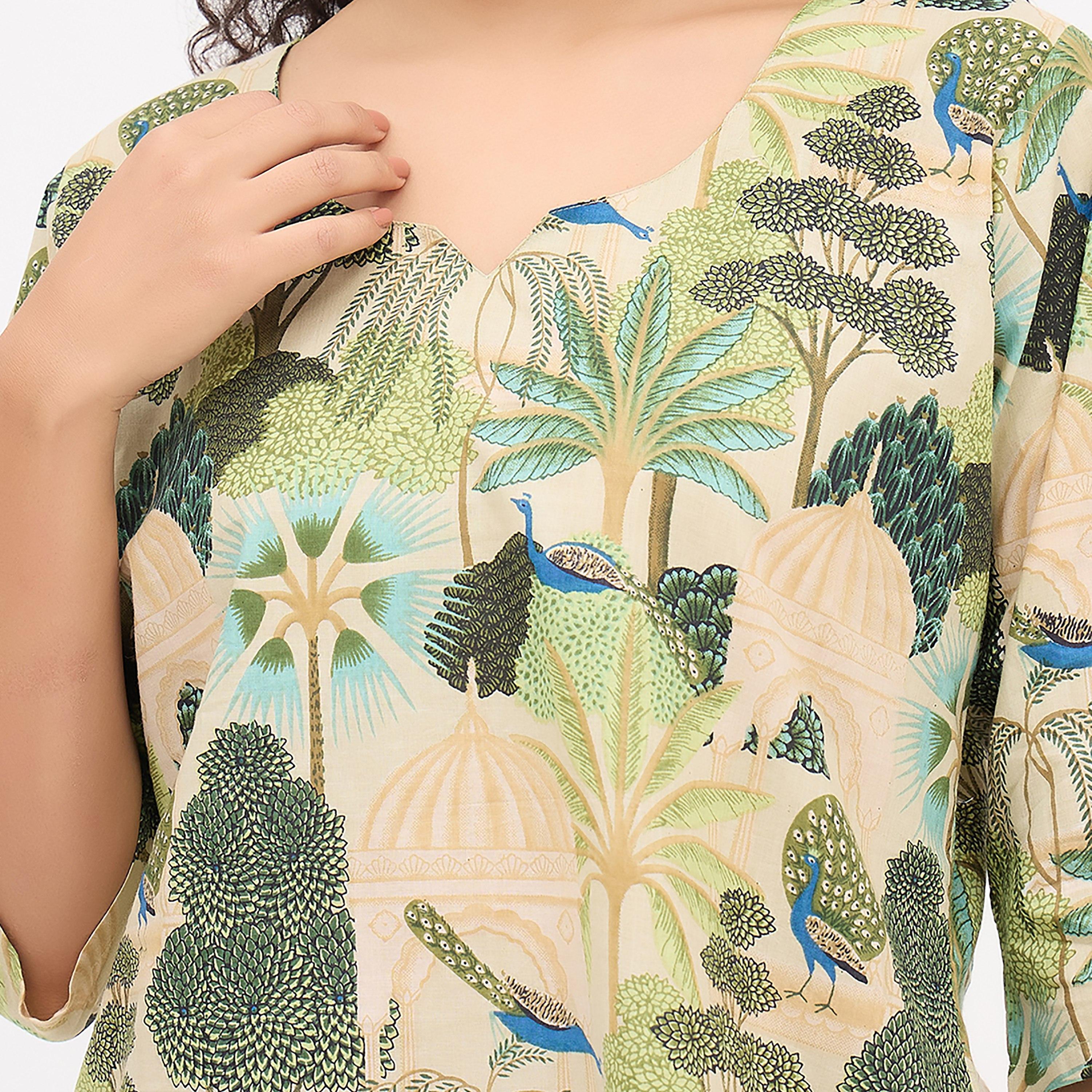 طقم توب وبيجامة كورتا بطبعة استوائية - 100% قطن أخضر فاتح من كلوفيا-women-clothing-nightwear-pyjamas-longsets-image-5