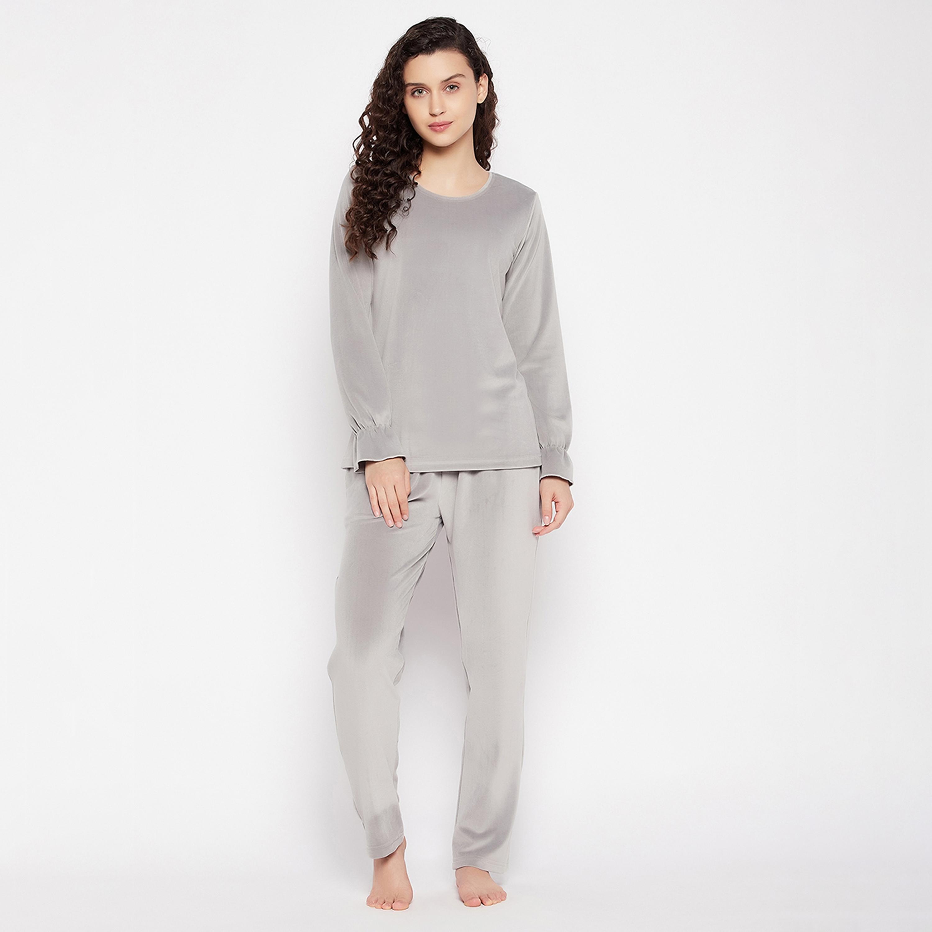 Clovia Chic Basic Women's Top & Pyjama Set in Grey - Velour-women-clothing-nightwear-pyjamas-longsets-image-1