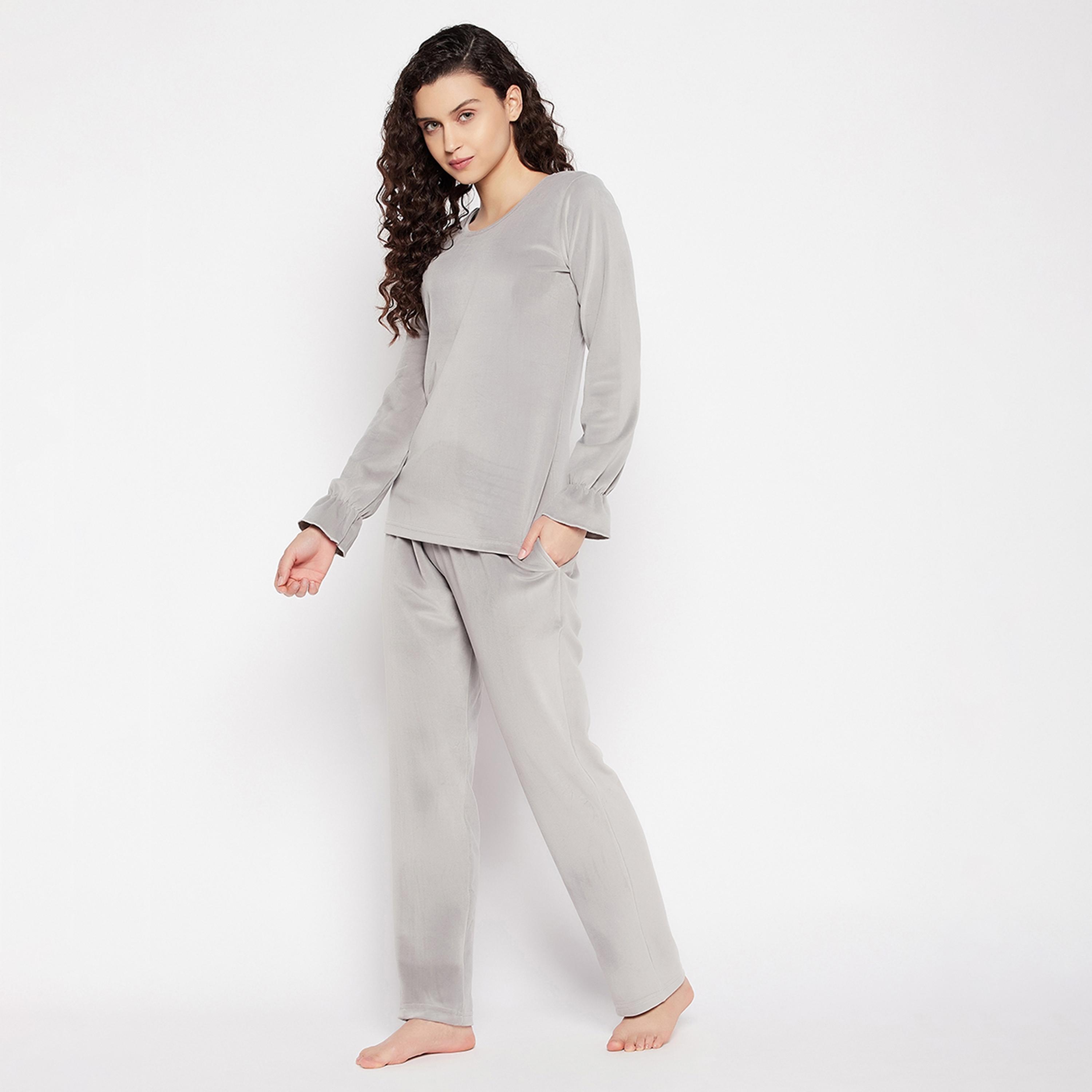 Clovia Chic Basic Women's Top & Pyjama Set in Grey - Velour-women-clothing-nightwear-pyjamas-longsets-image-2