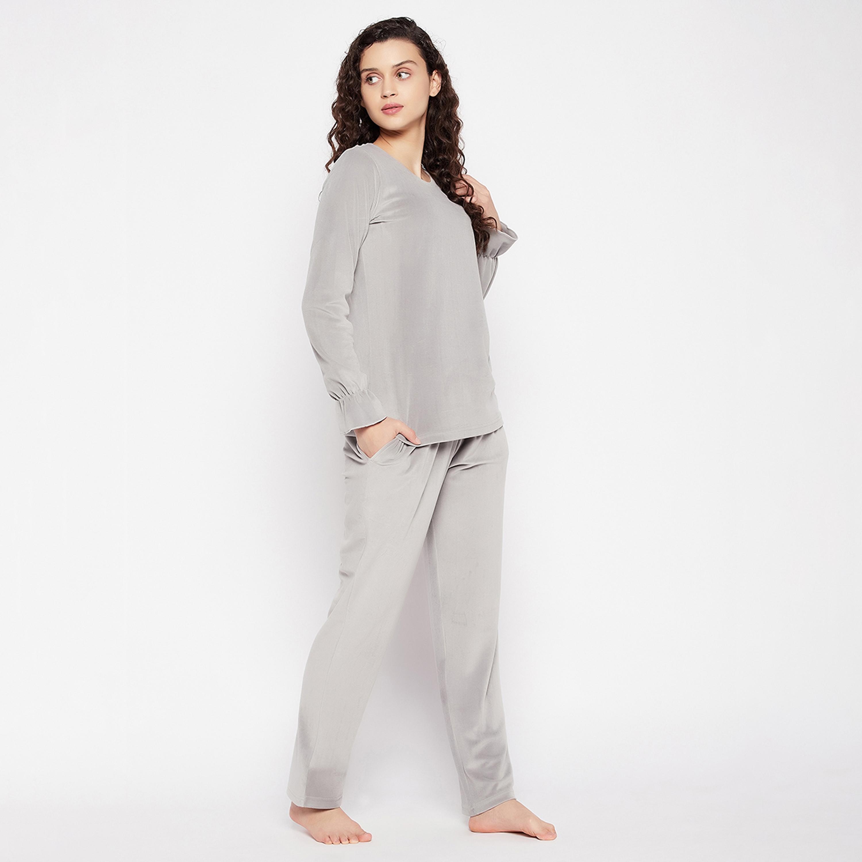 Clovia Chic Basic Women's Top & Pyjama Set in Grey - Velour-women-clothing-nightwear-pyjamas-longsets-image-3