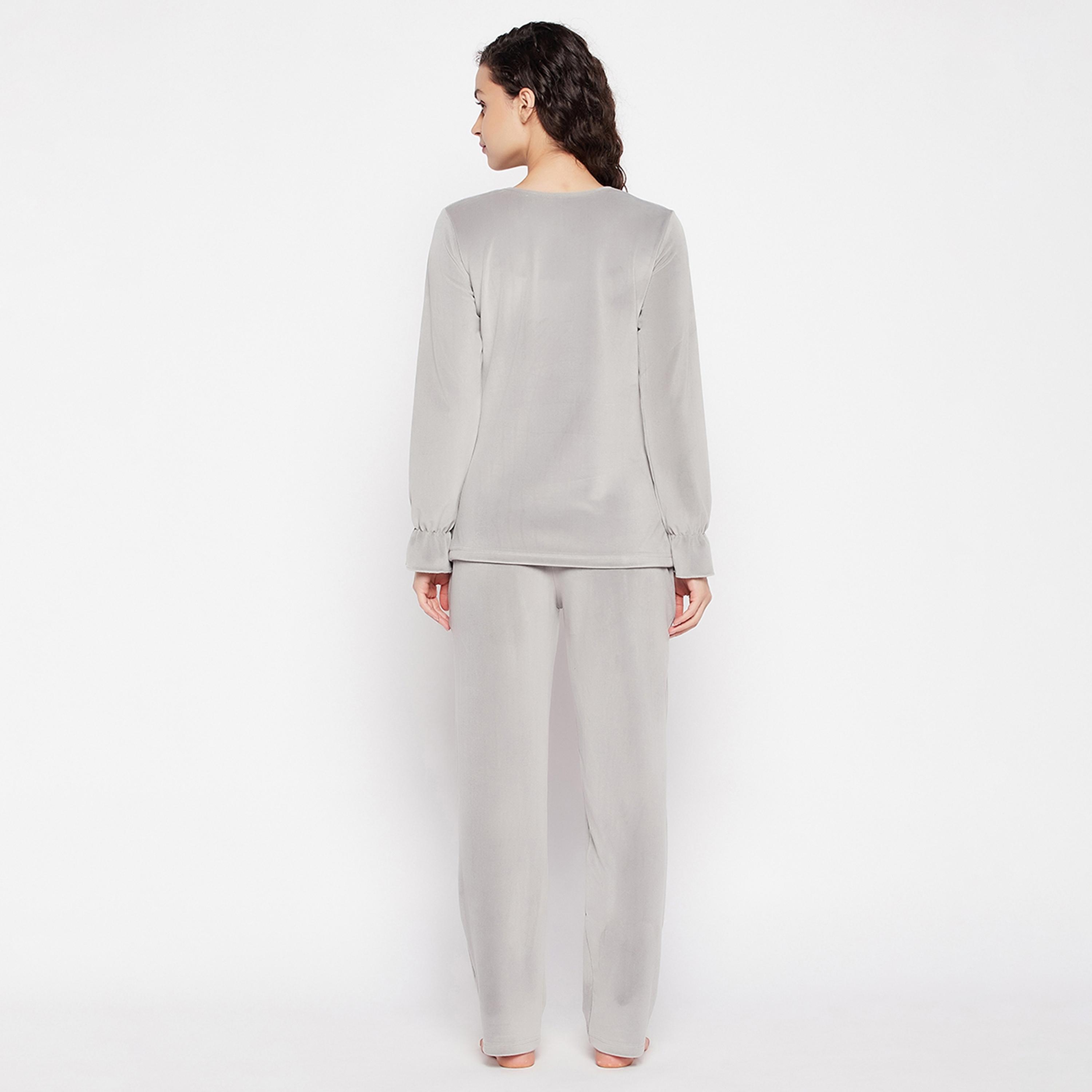 Clovia Chic Basic Women's Top & Pyjama Set in Grey - Velour-women-clothing-nightwear-pyjamas-longsets-image-4