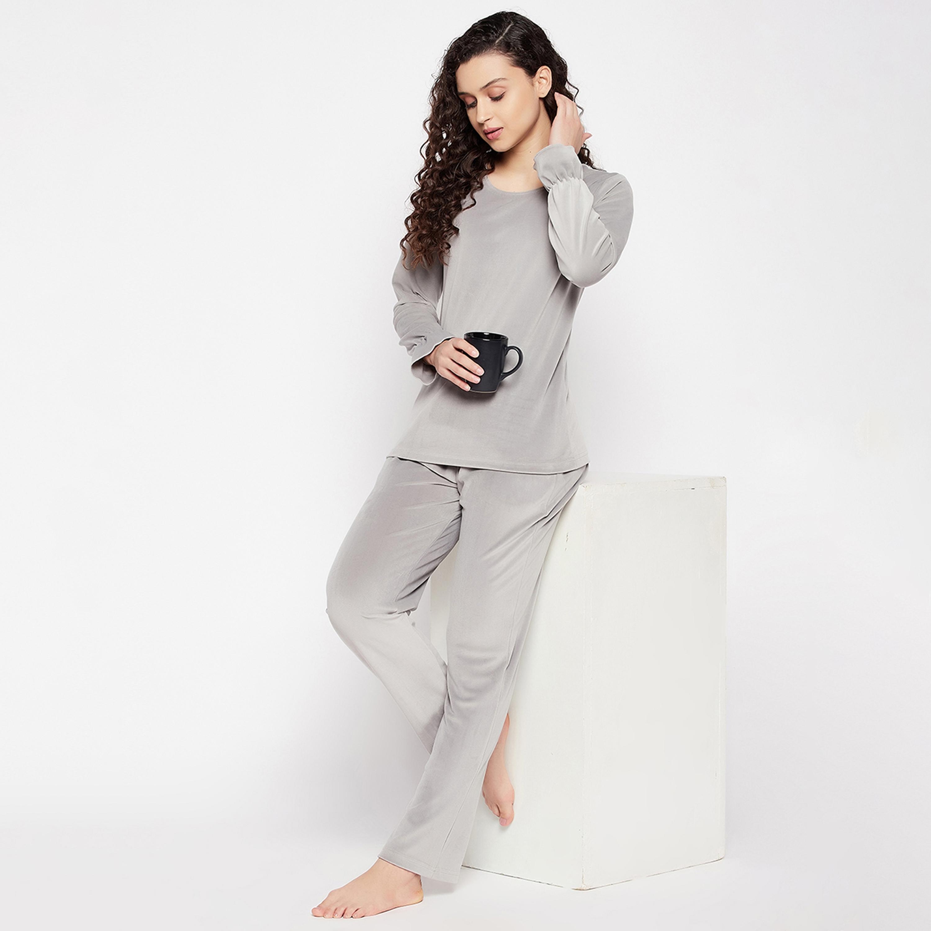 Clovia Chic Basic Women's Top & Pyjama Set in Grey - Velour-women-clothing-nightwear-pyjamas-longsets-image-7