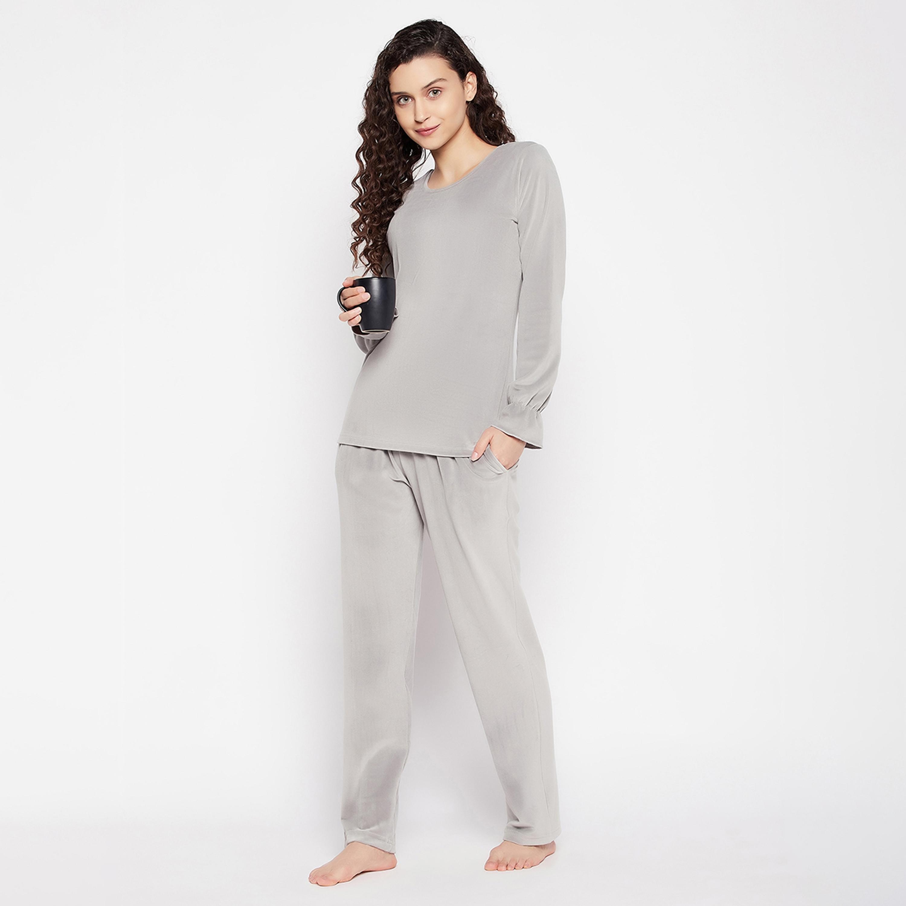 Clovia Chic Basic Women's Top & Pyjama Set in Grey - Velour-women-clothing-nightwear-pyjamas-longsets-image-8