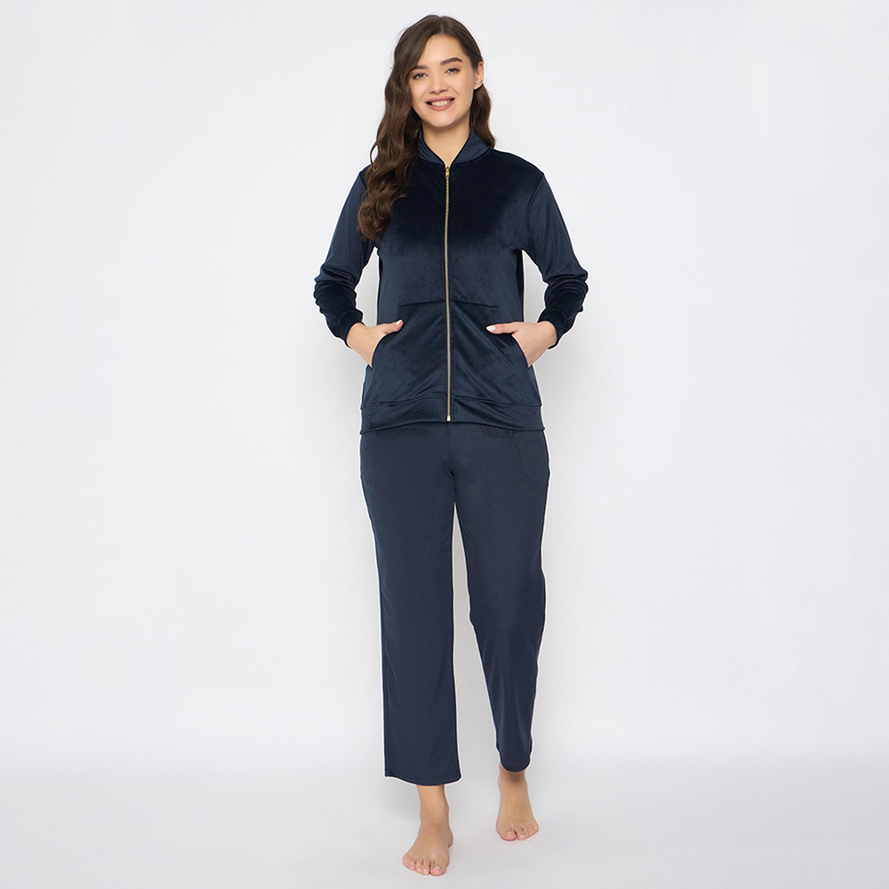 Clovia Chic Basic Women's Jacket & Pyjama Set in Navy - Velour-women-clothing-nightwear-pyjamas-longsets-image-1