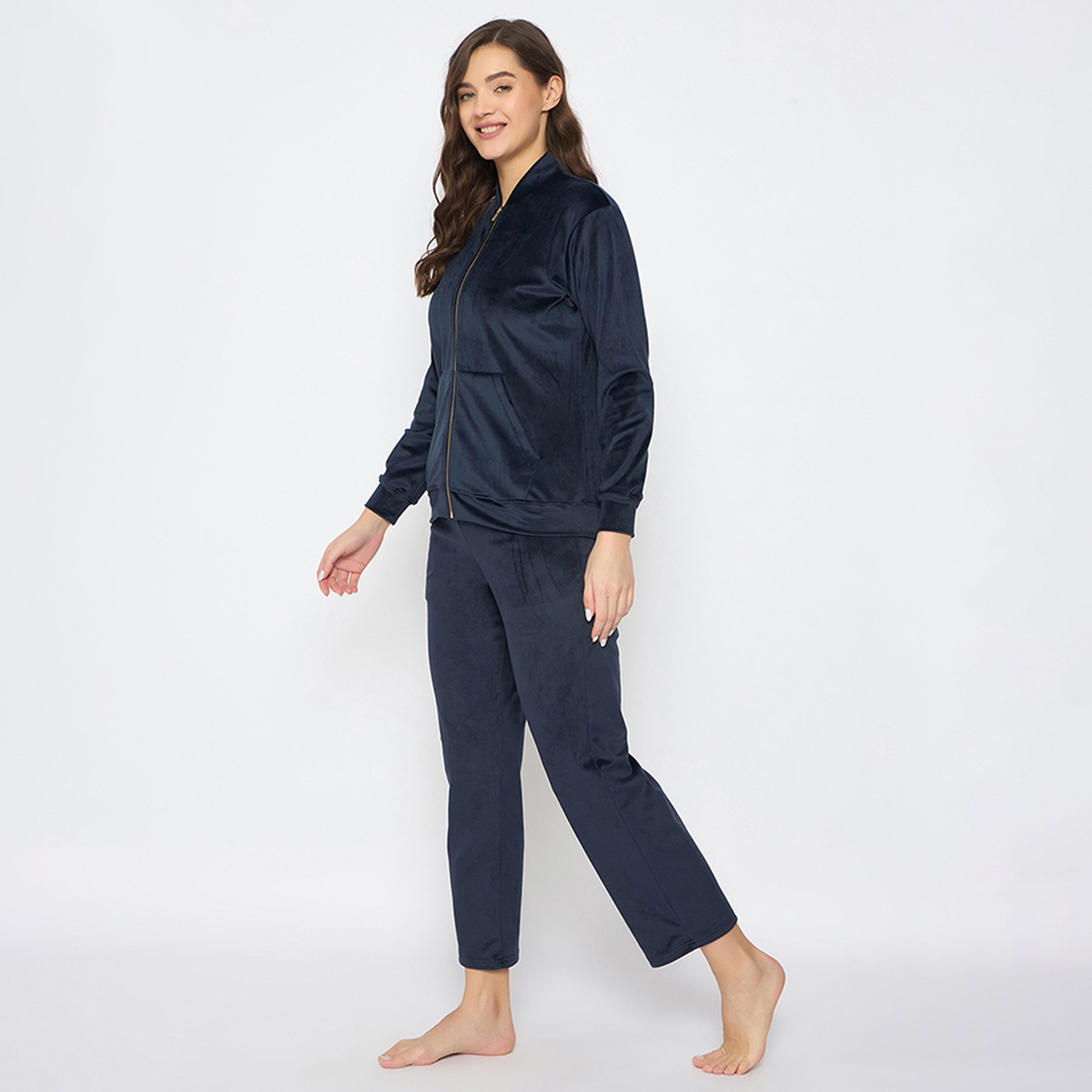 Clovia Chic Basic Women's Jacket & Pyjama Set in Navy - Velour-women-clothing-nightwear-pyjamas-longsets-image-2