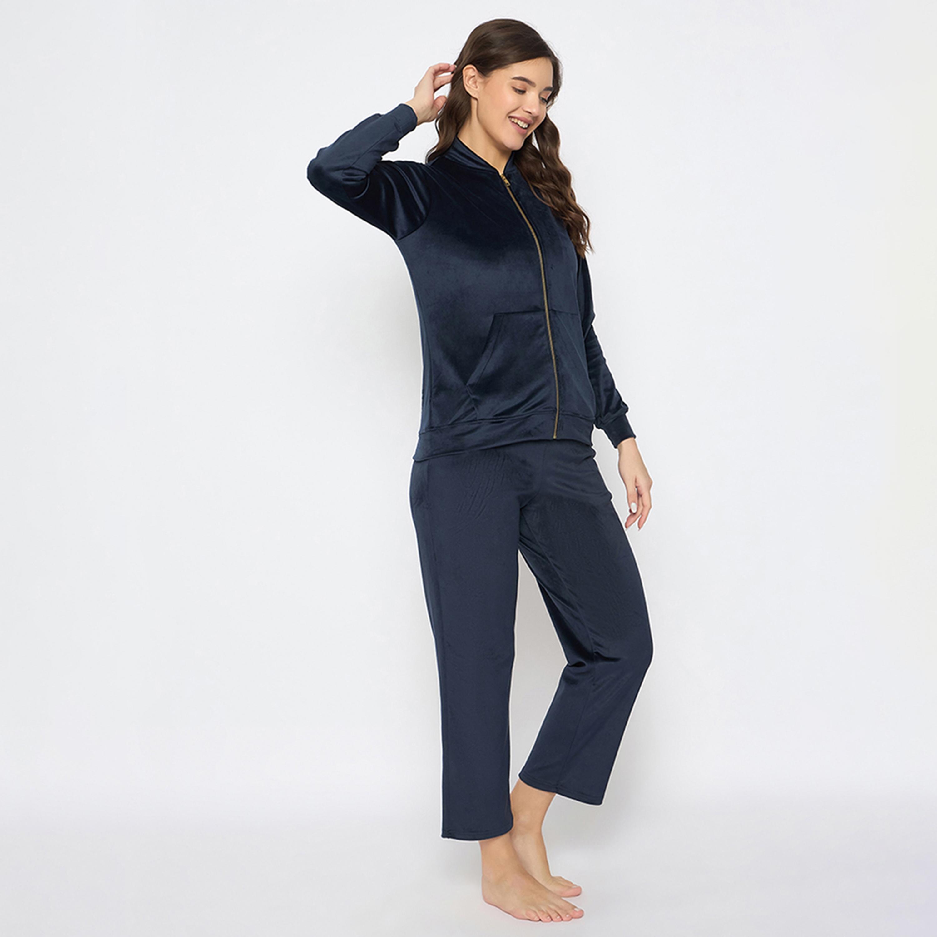 Clovia Chic Basic Women's Jacket & Pyjama Set in Navy - Velour-women-clothing-nightwear-pyjamas-longsets-image-3
