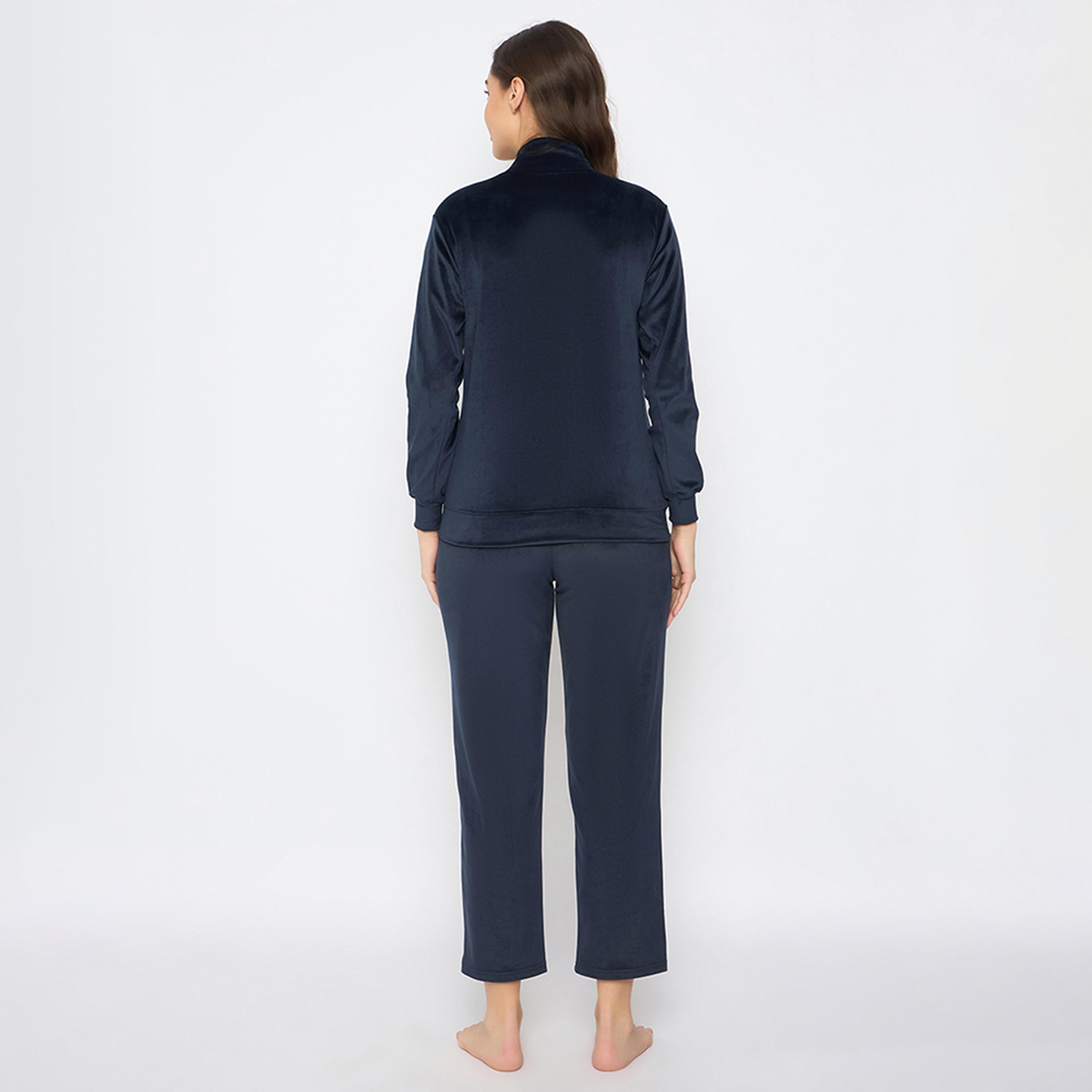 Clovia Chic Basic Women's Jacket & Pyjama Set in Navy - Velour-women-clothing-nightwear-pyjamas-longsets-image-4