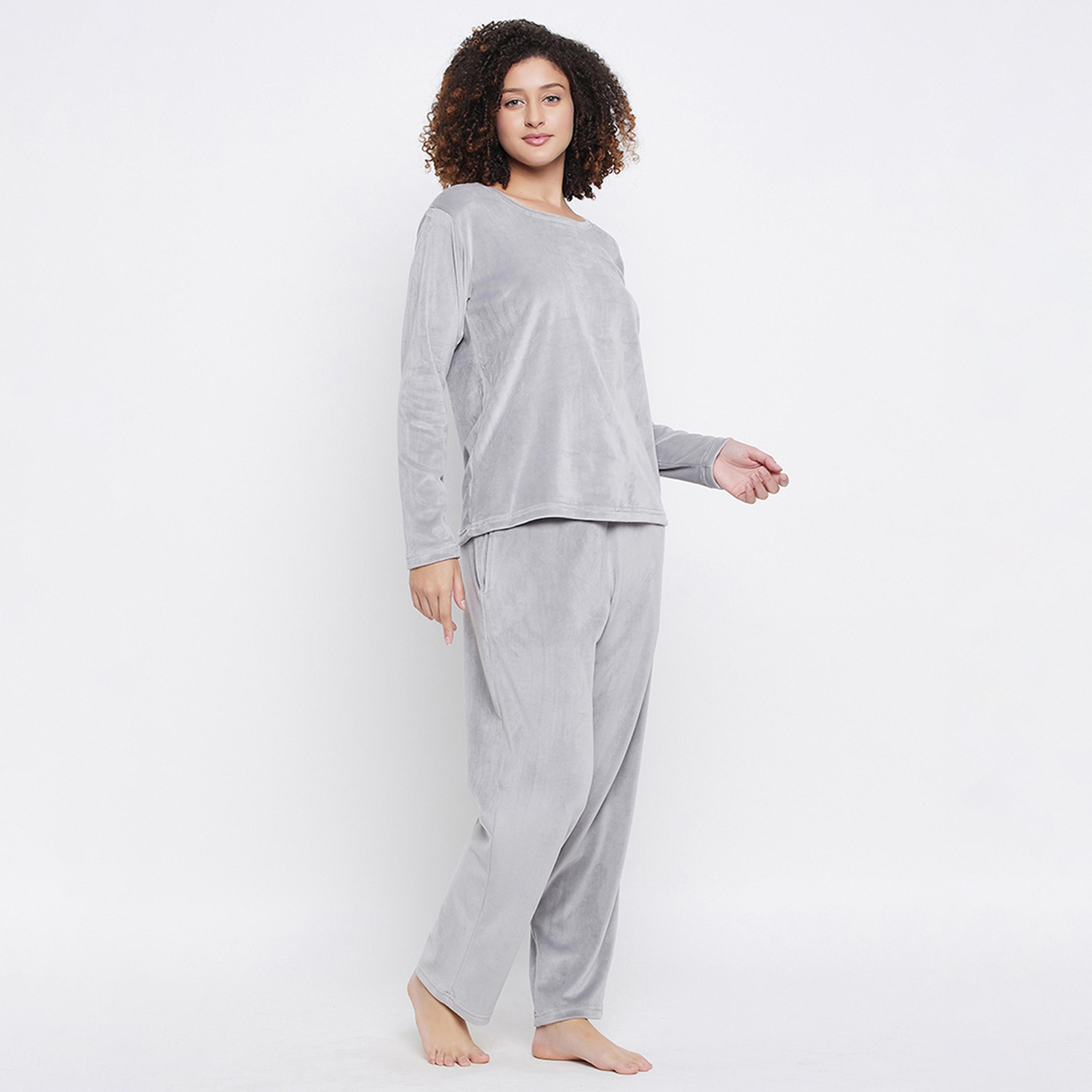 Clovia Chic Basic Women's Sweatshirt & Pyjama Set in Light Grey - Velour-women-clothing-nightwear-pyjamas-longsets-image-3