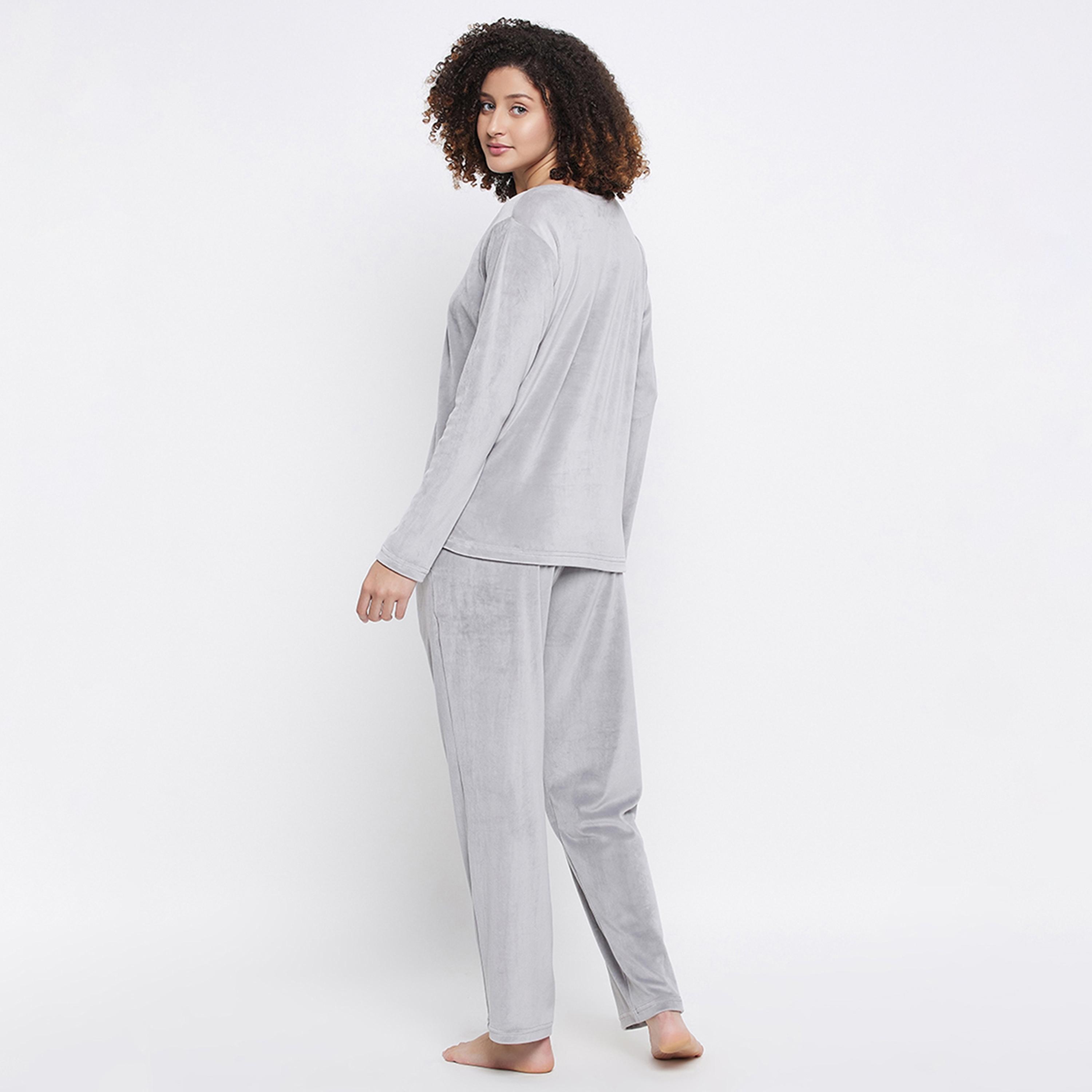 Clovia Chic Basic Women's Sweatshirt & Pyjama Set in Light Grey - Velour-women-clothing-nightwear-pyjamas-longsets-image-4