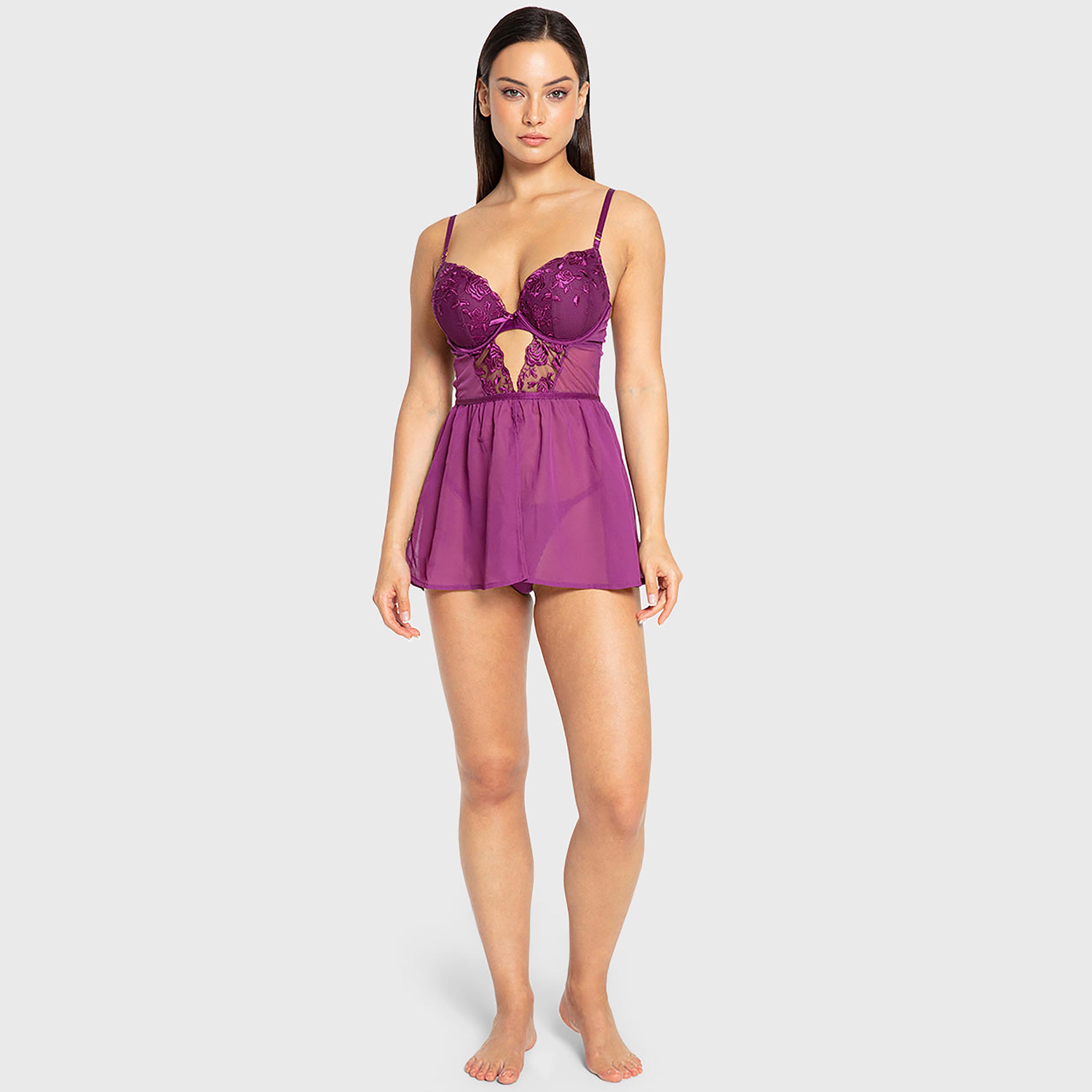 Isla & Evie Rose Wine Potion Purple Floral Embroidered Wired Padded Women's Babydoll-women-clothing-lingerie-babydollsandbodysuits-image-1