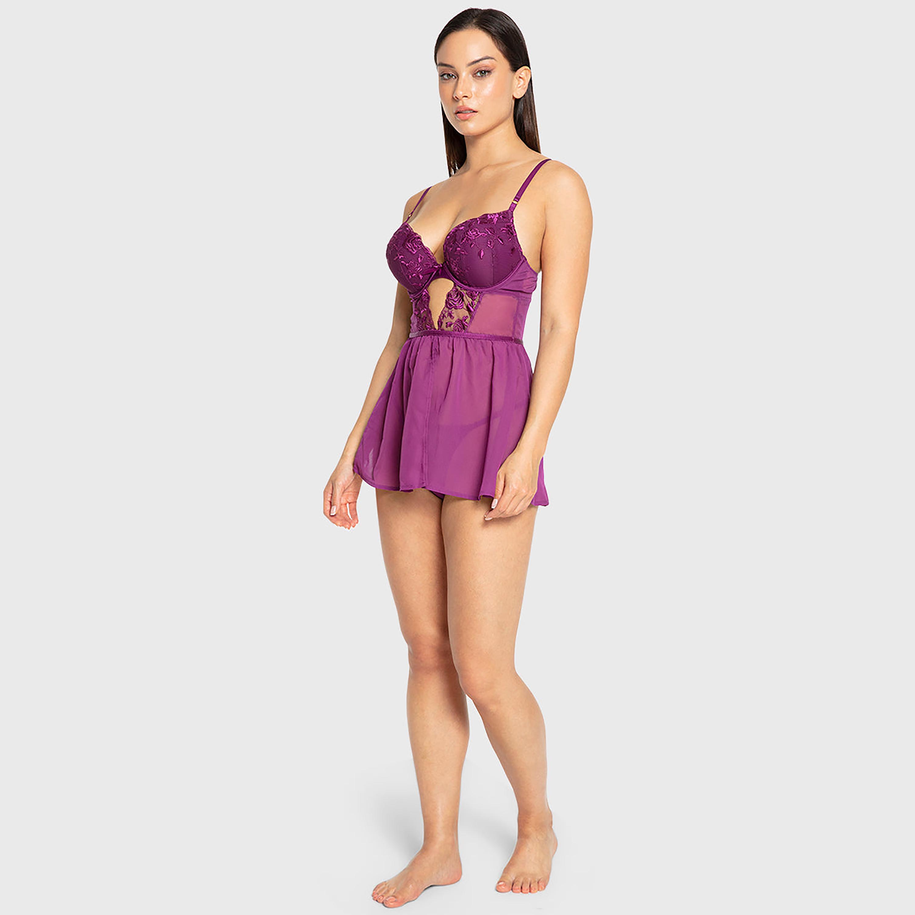 Isla & Evie Rose Wine Potion Purple Floral Embroidered Wired Padded Women's Babydoll-women-clothing-lingerie-babydollsandbodysuits-image-2