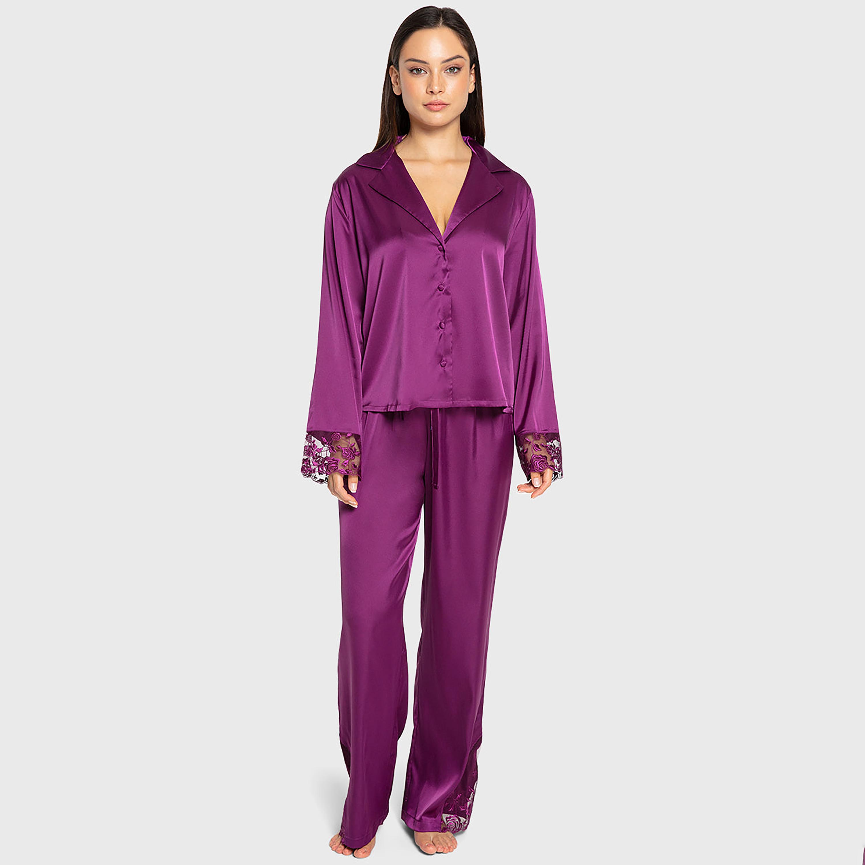 Isla & Evie Floral Embroidered Trim Notch Collared Flared Sleeves Women's Shirt and Pyjama Set-women-clothing-nightwear-pyjamas-longsets-image-1