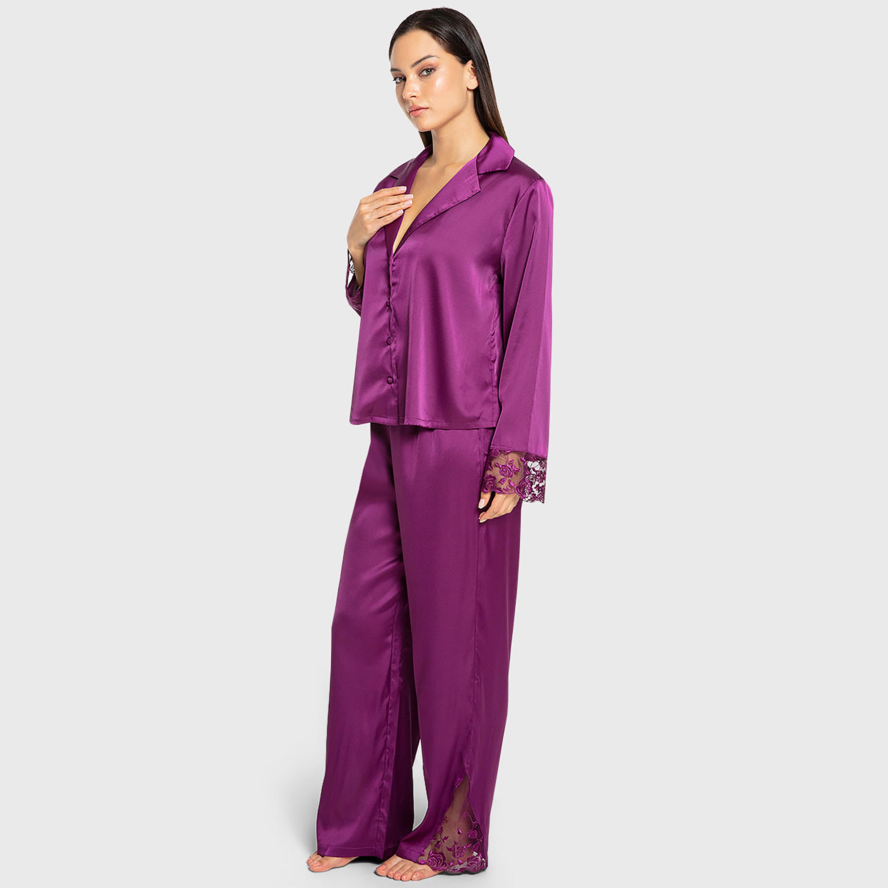 Isla & Evie Floral Embroidered Trim Notch Collared Flared Sleeves Women's Shirt and Pyjama Set-women-clothing-nightwear-pyjamas-longsets-image-2