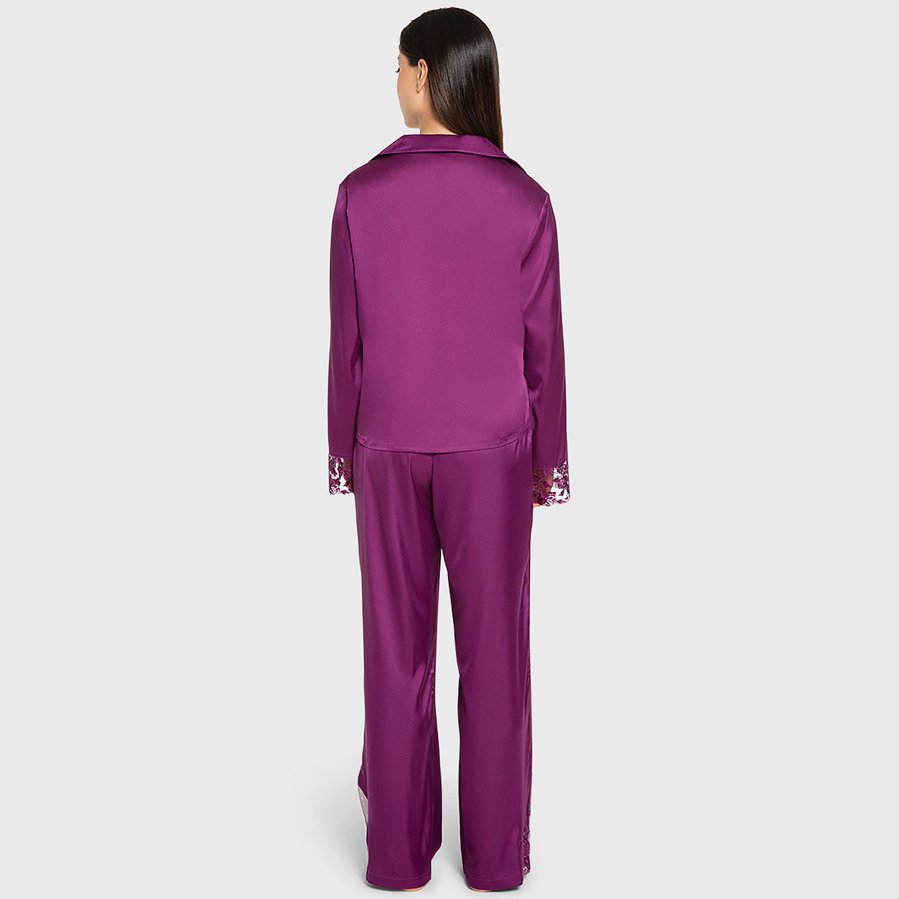 Isla & Evie Floral Embroidered Trim Notch Collared Flared Sleeves Women's Shirt and Pyjama Set-women-clothing-nightwear-pyjamas-longsets-image-3