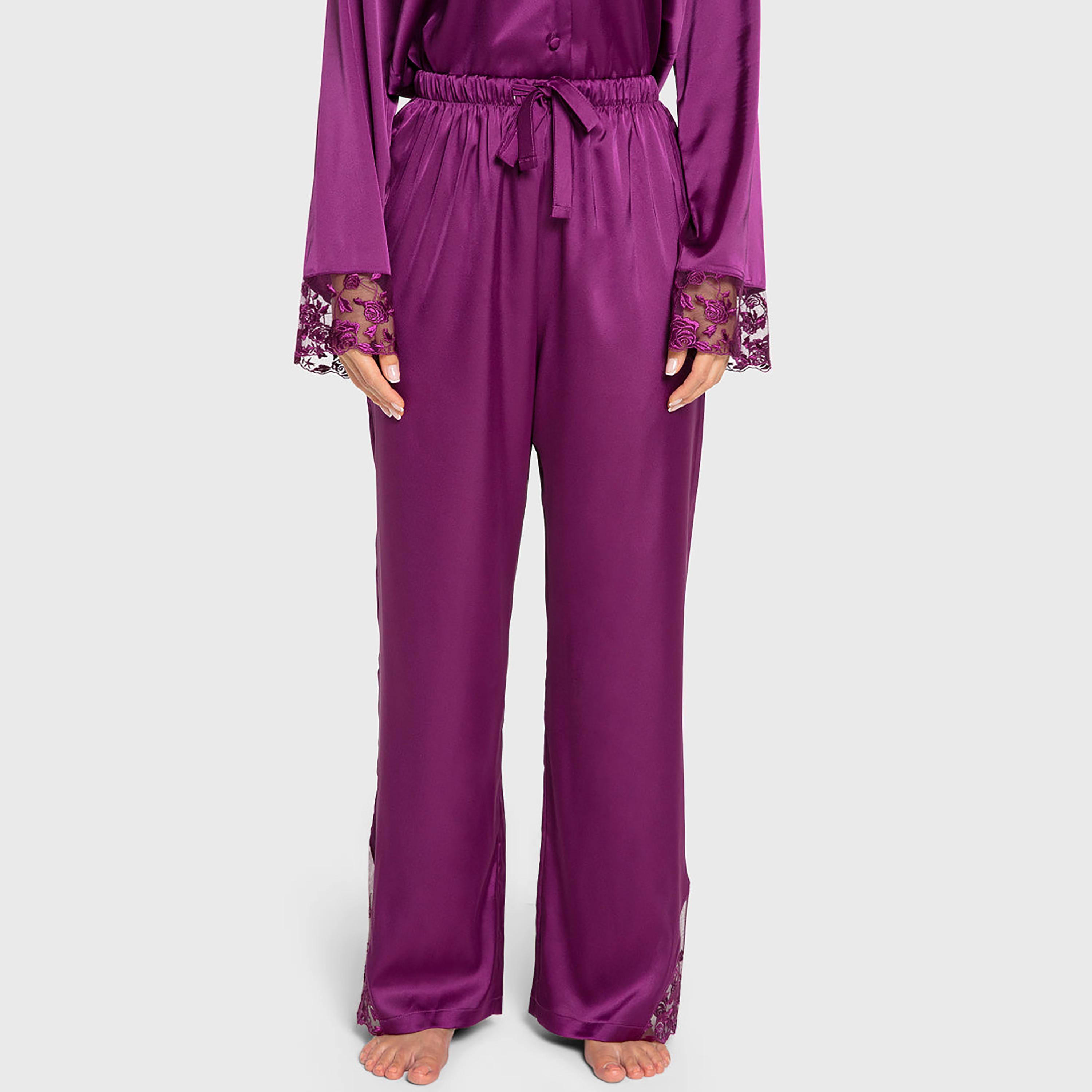 Isla & Evie Floral Embroidered Trim Notch Collared Flared Sleeves Women's Shirt and Pyjama Set-women-clothing-nightwear-pyjamas-longsets-image-4