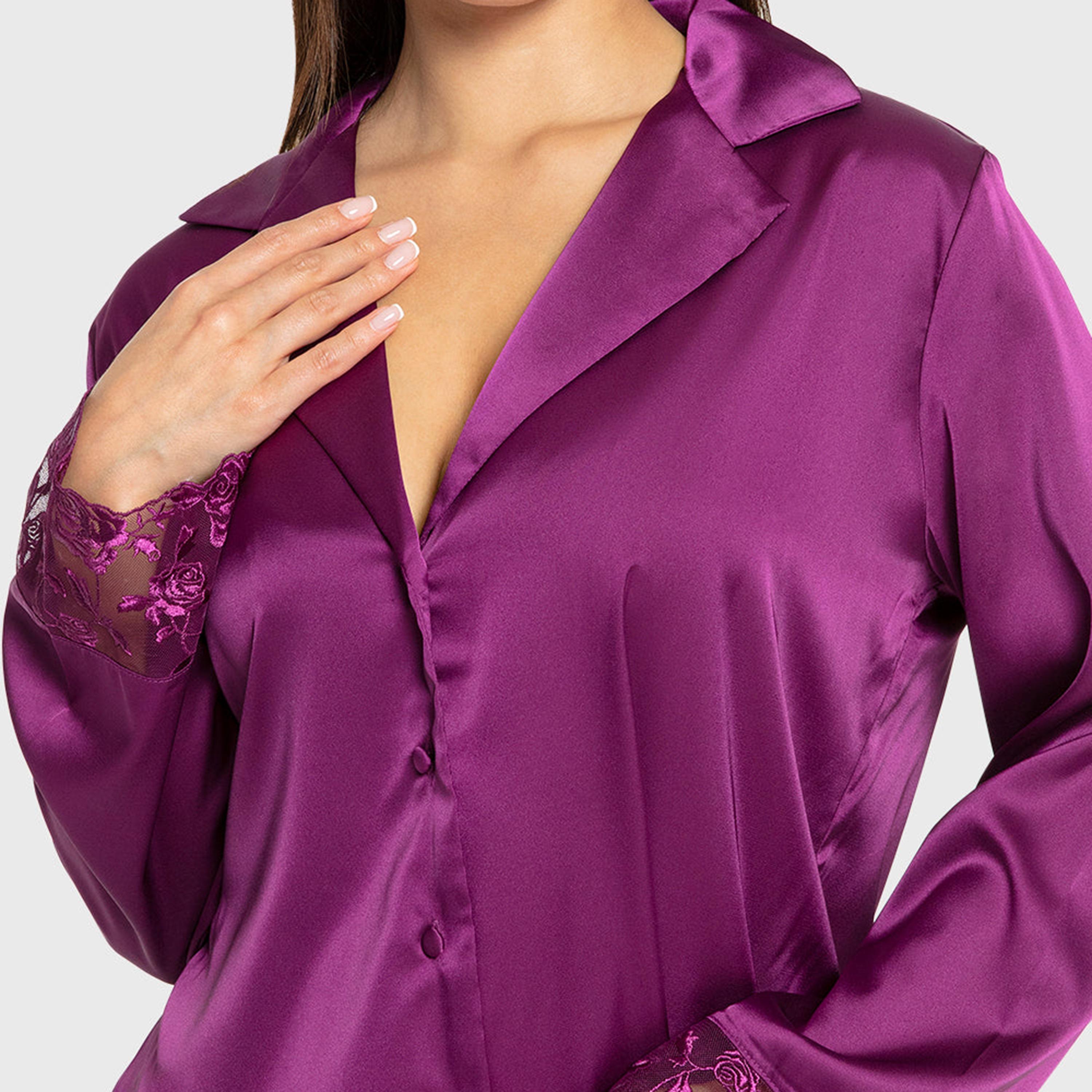 Isla & Evie Floral Embroidered Trim Notch Collared Flared Sleeves Women's Shirt and Pyjama Set-women-clothing-nightwear-pyjamas-longsets-image-6