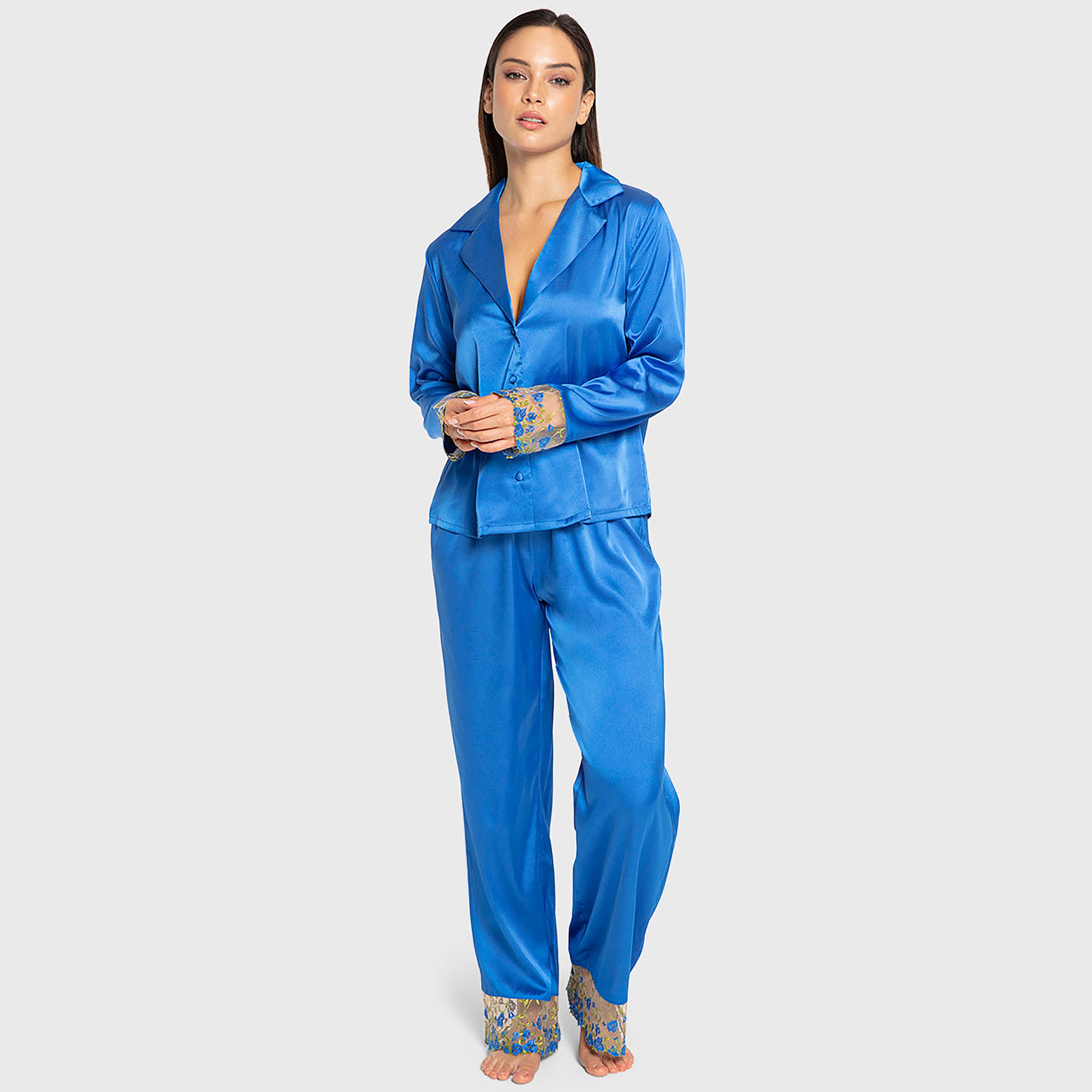Isla & Evie Plain Notch Collared Long Sleeves Women's Shirt and Pyjama Set-women-clothing-nightwear-pyjamas-longsets-image-1