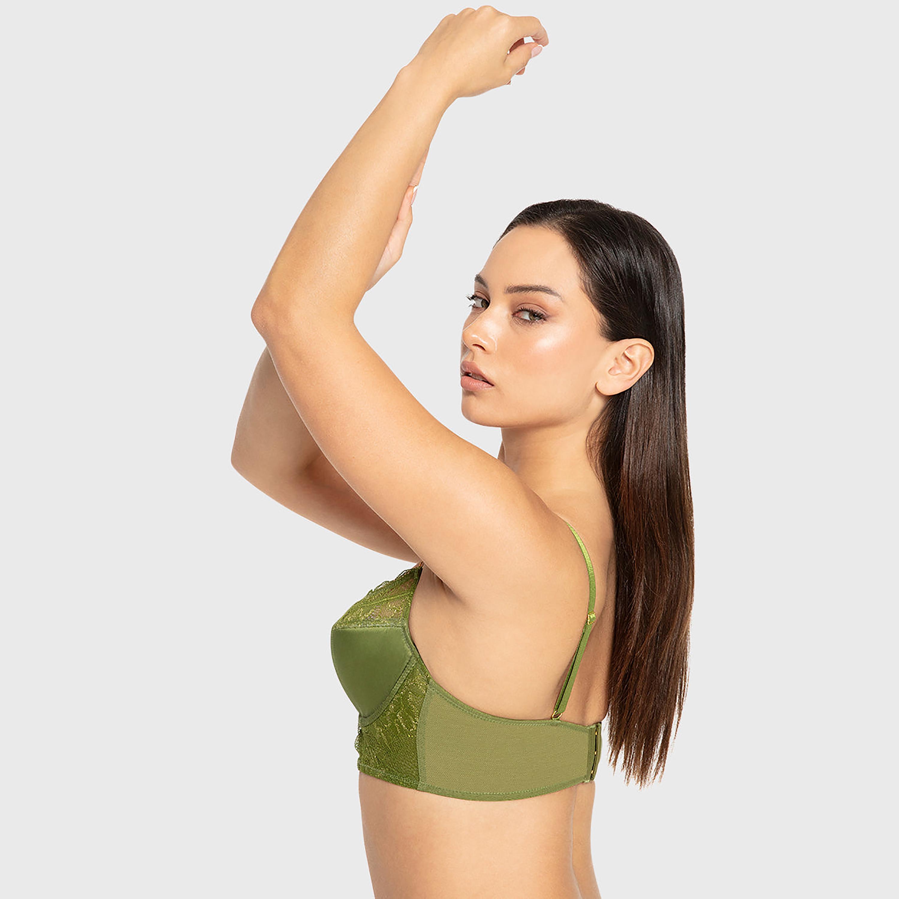Isla & Evie Cardamom Seed Olive Lace Trim Wired Medium Support Light Lined Women's Plunge Bra-women-clothing-lingerie-bras-image-2