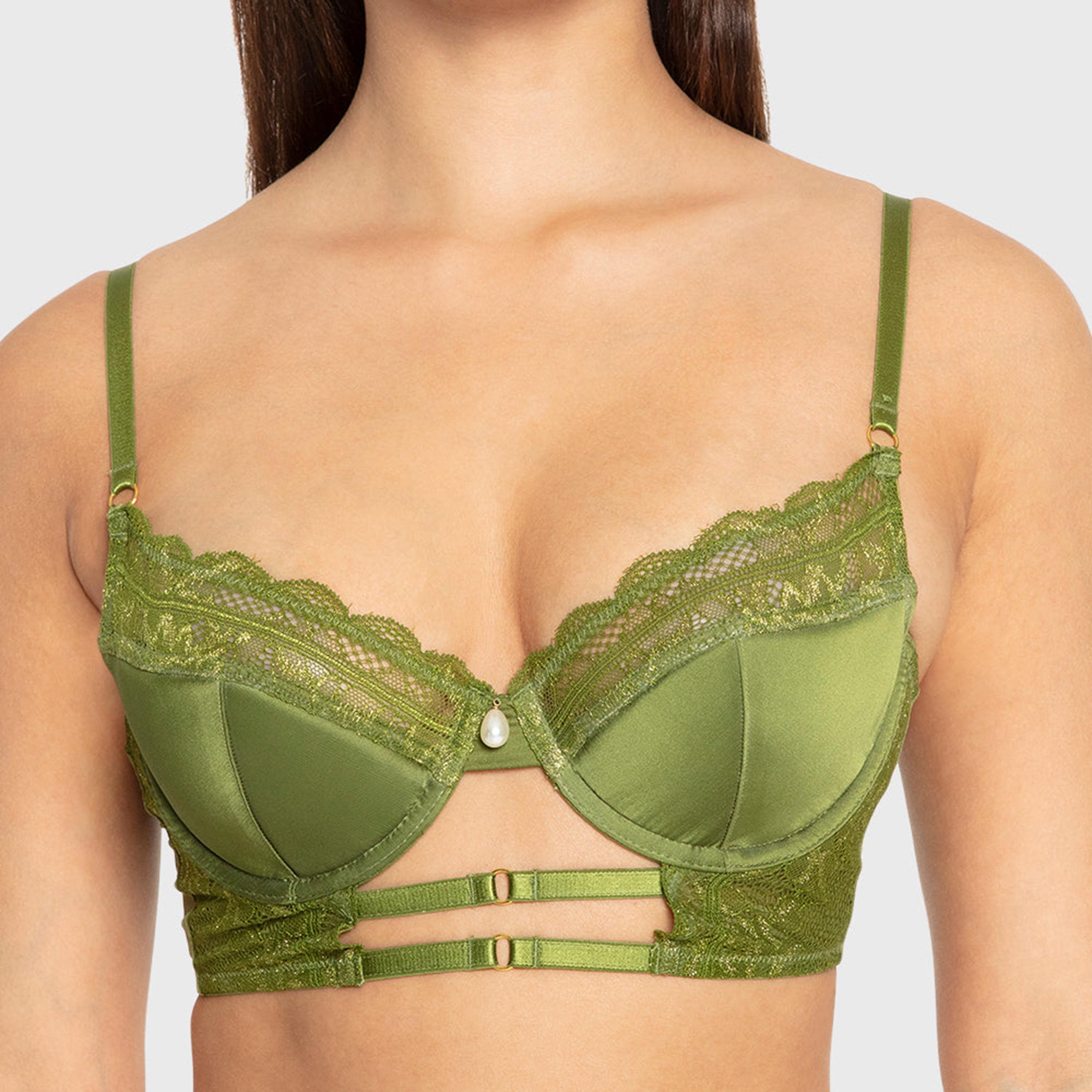 Isla & Evie Cardamom Seed Olive Lace Trim Wired Medium Support Light Lined Women's Plunge Bra-women-clothing-lingerie-bras-image-4