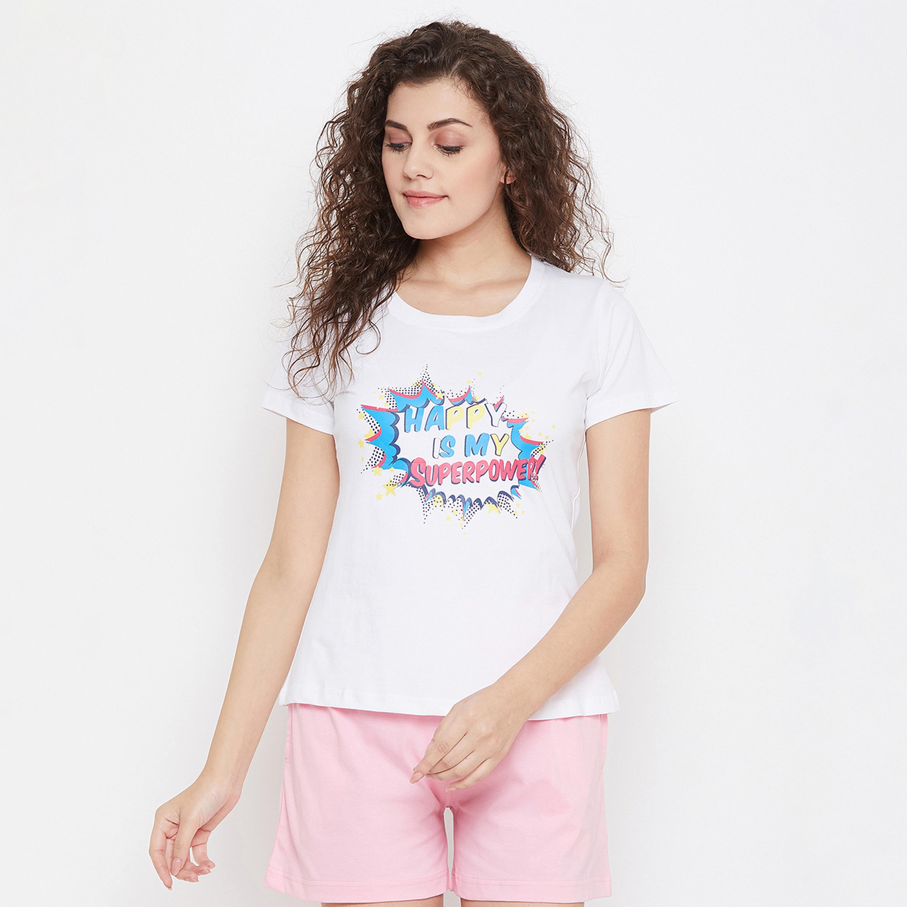 Clovia Happy Is My Superpower Women's Top in White- Cotton Rich-women-clothing-nightwear-pyjamas-tops-image-1