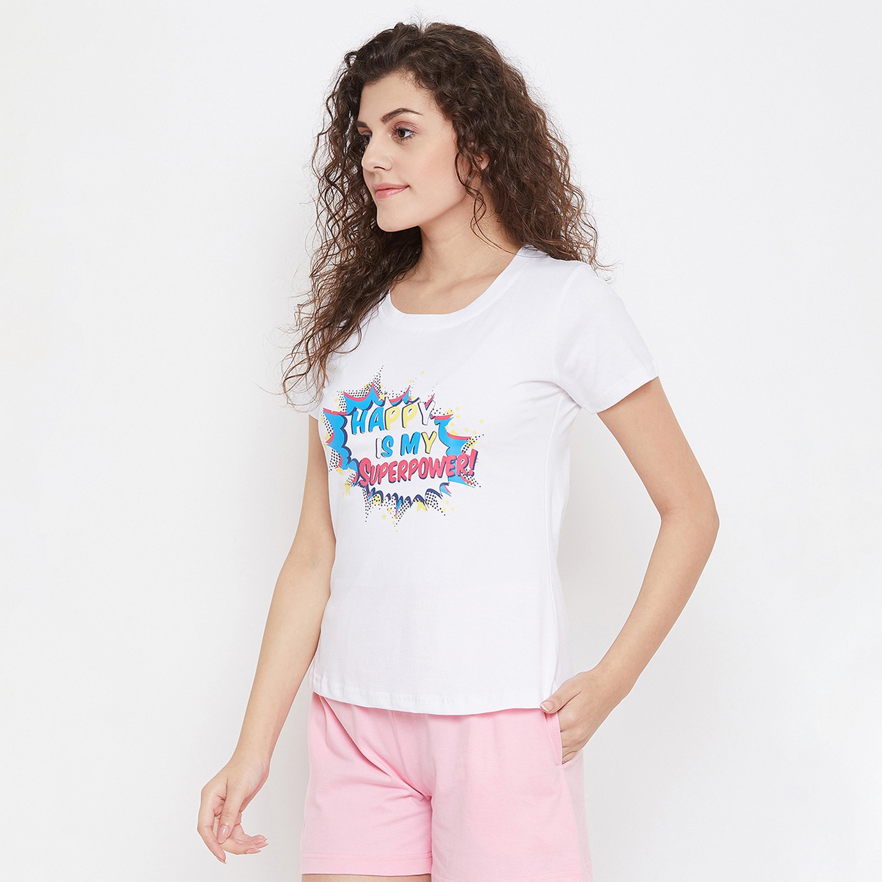 Clovia Happy Is My Superpower Women's Top in White- Cotton Rich-women-clothing-nightwear-pyjamas-tops-image-2
