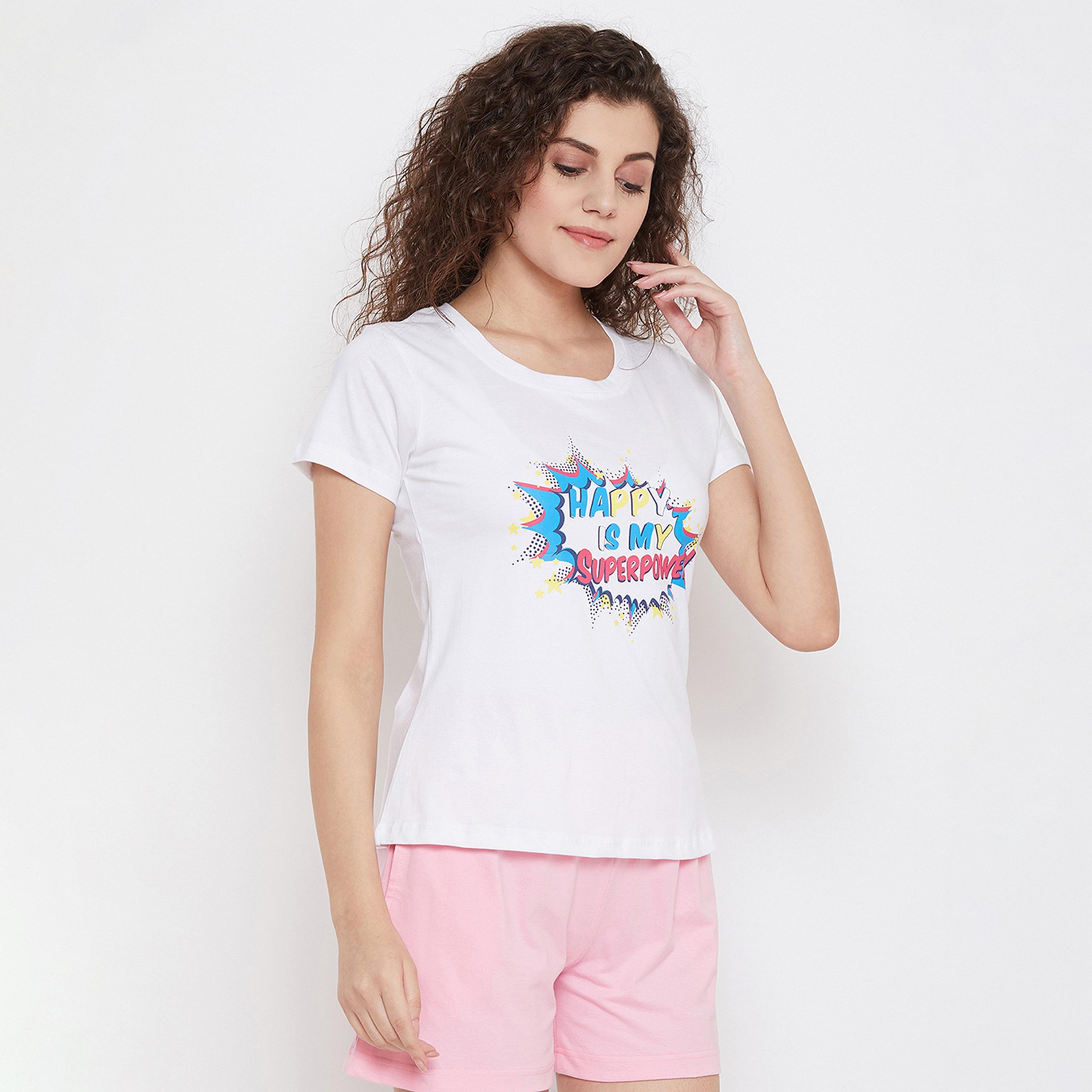 Clovia Happy Is My Superpower Women's Top in White- Cotton Rich-women-clothing-nightwear-pyjamas-tops-image-3