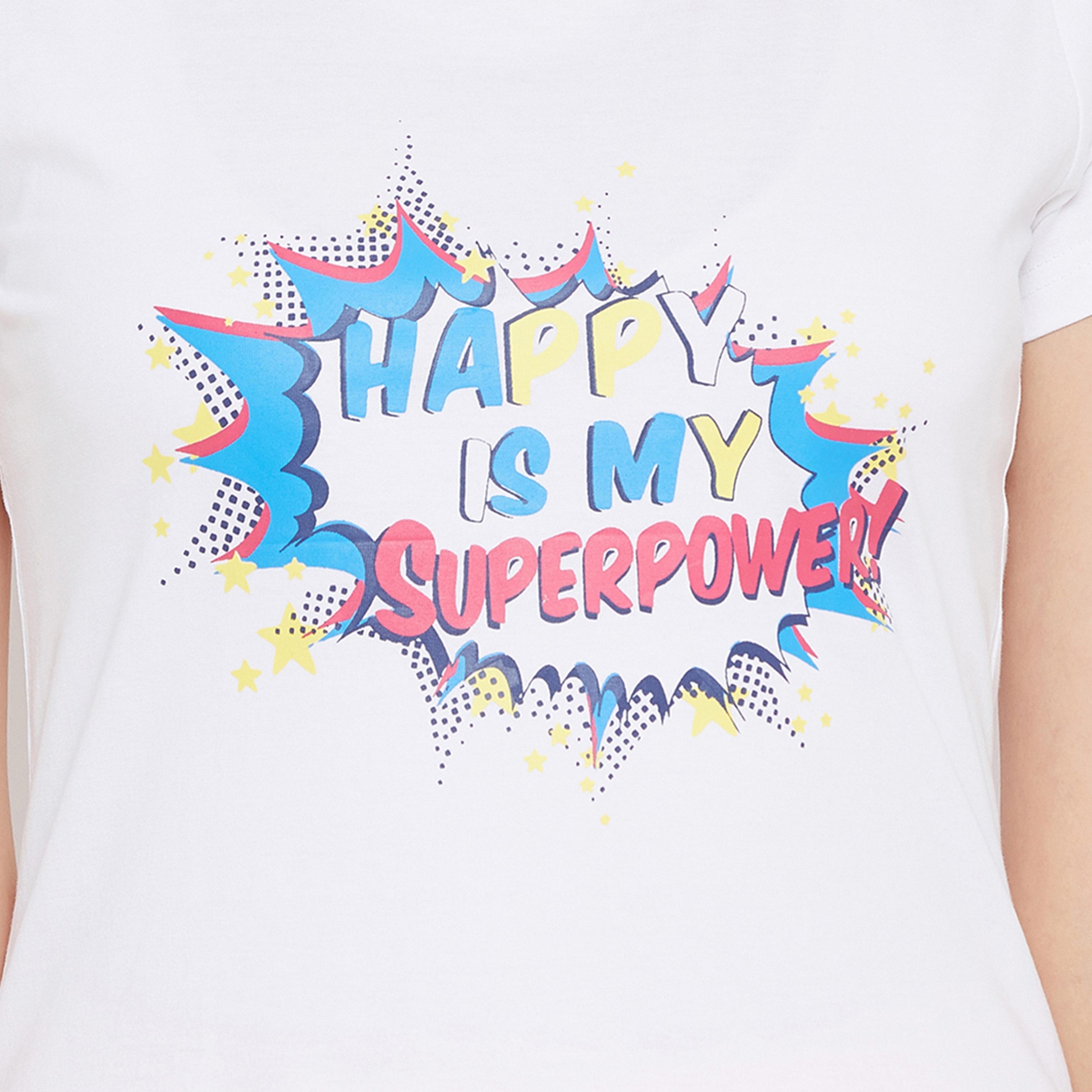 Clovia Happy Is My Superpower Women's Top in White- Cotton Rich-women-clothing-nightwear-pyjamas-tops-image-5