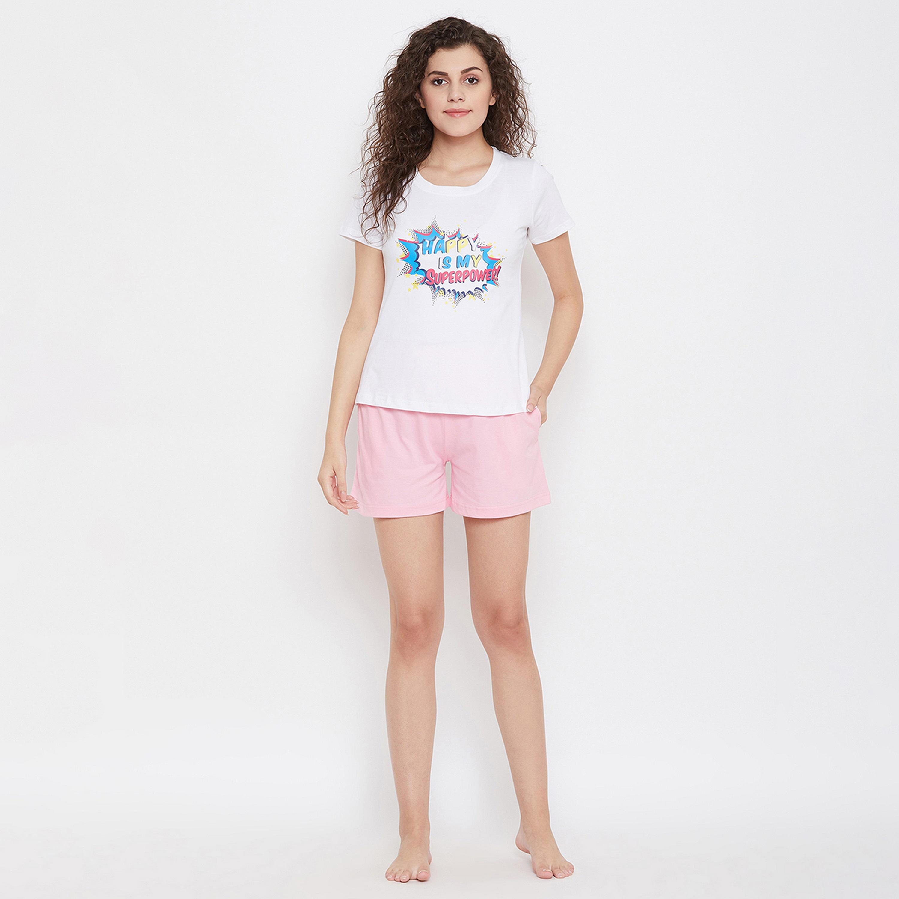 Clovia Happy Is My Superpower Women's Top in White- Cotton Rich-women-clothing-nightwear-pyjamas-tops-image-6