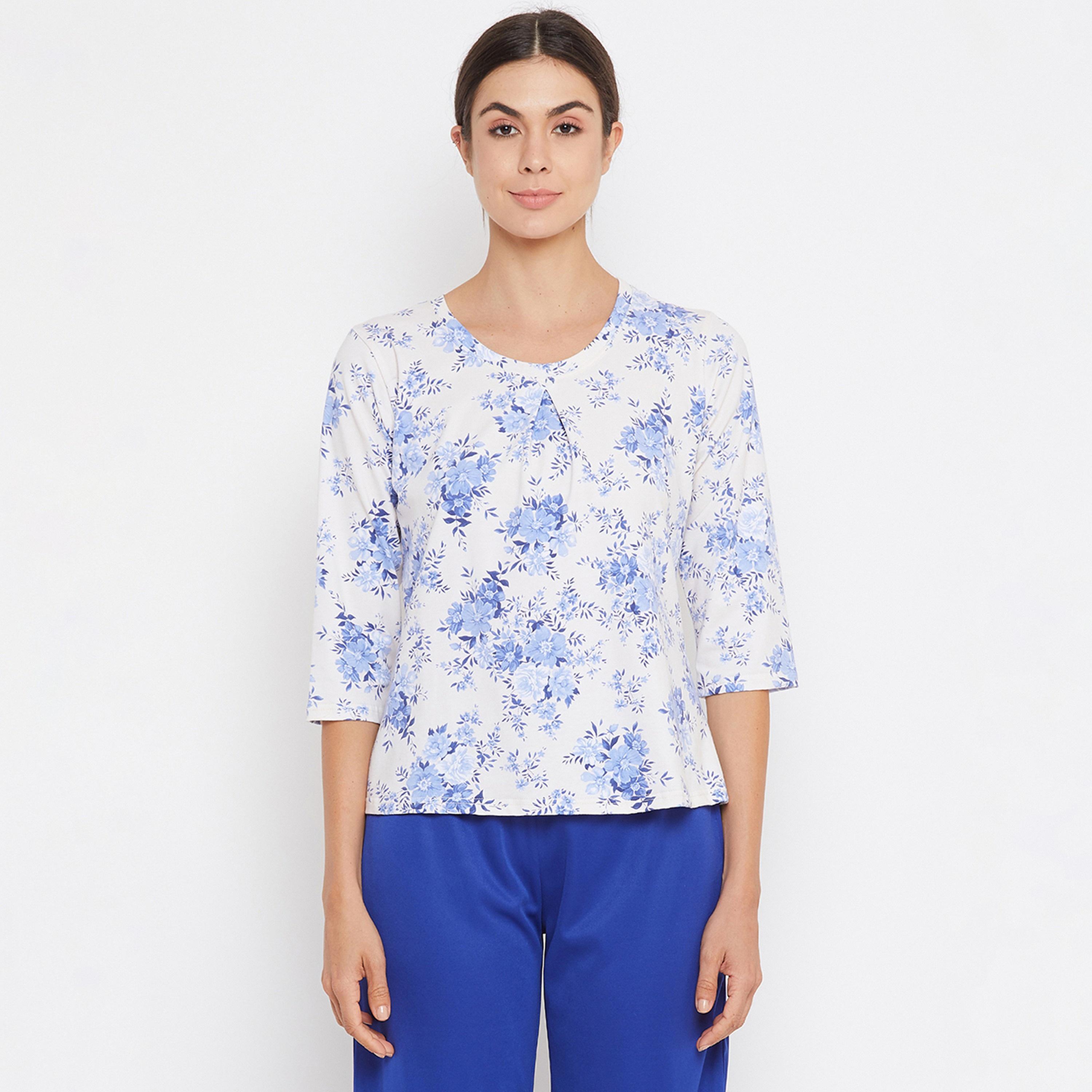Clovia Pretty Women's Floral Top in White - Cotton Rich-women-clothing-nightwear-pyjamas-tops-image-1