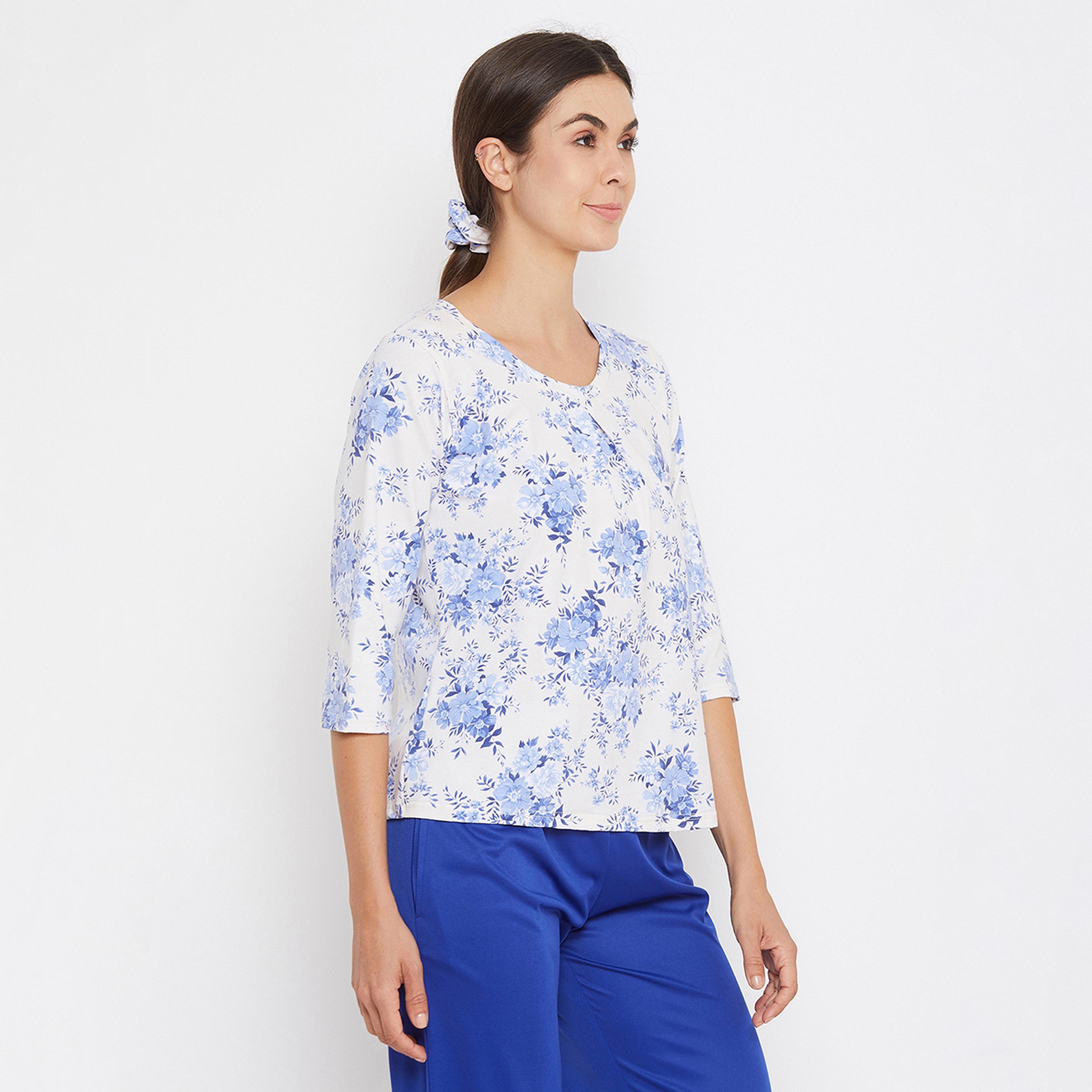 Clovia Pretty Women's Floral Top in White - Cotton Rich-women-clothing-nightwear-pyjamas-tops-image-2
