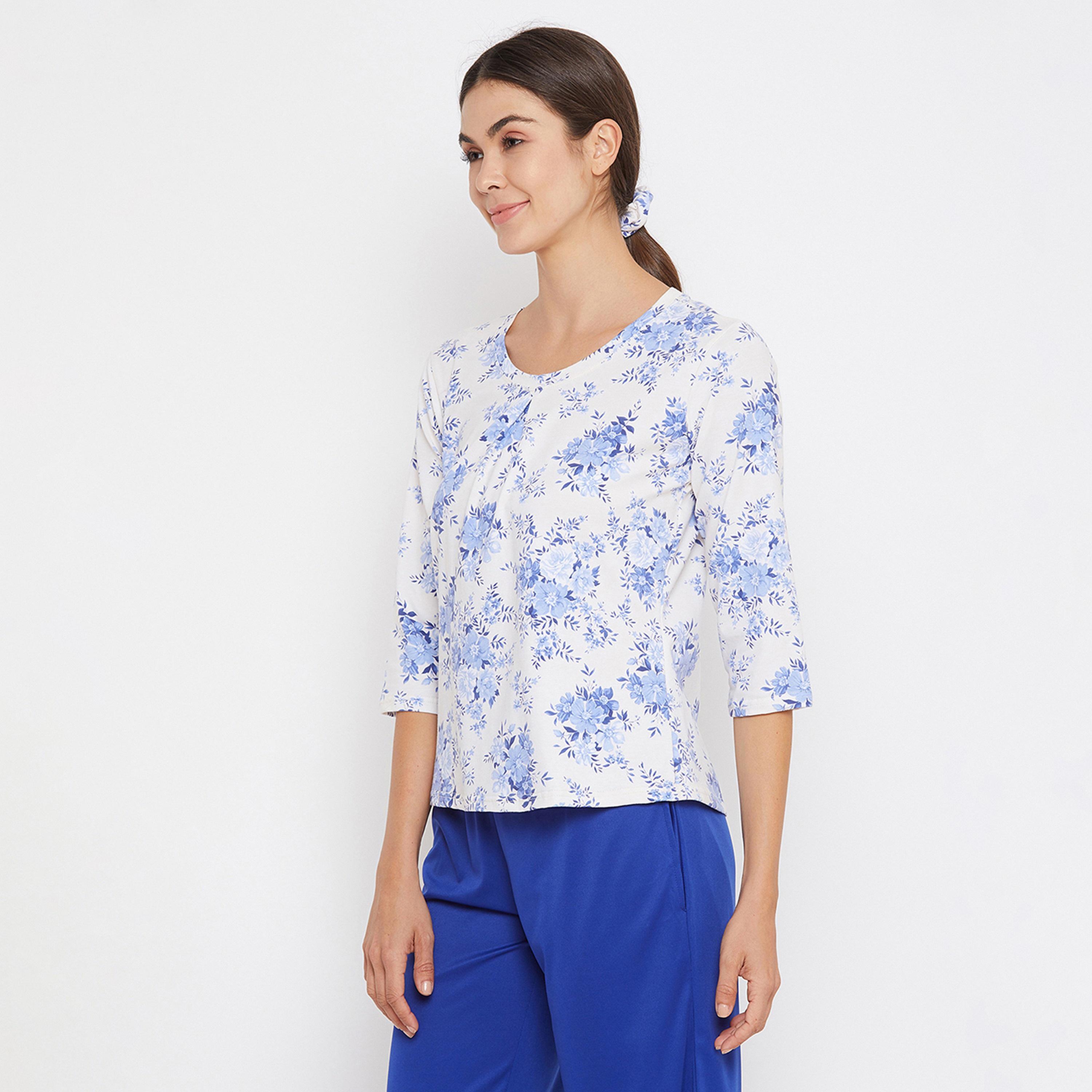 Clovia Pretty Women's Floral Top in White - Cotton Rich-women-clothing-nightwear-pyjamas-tops-image-3
